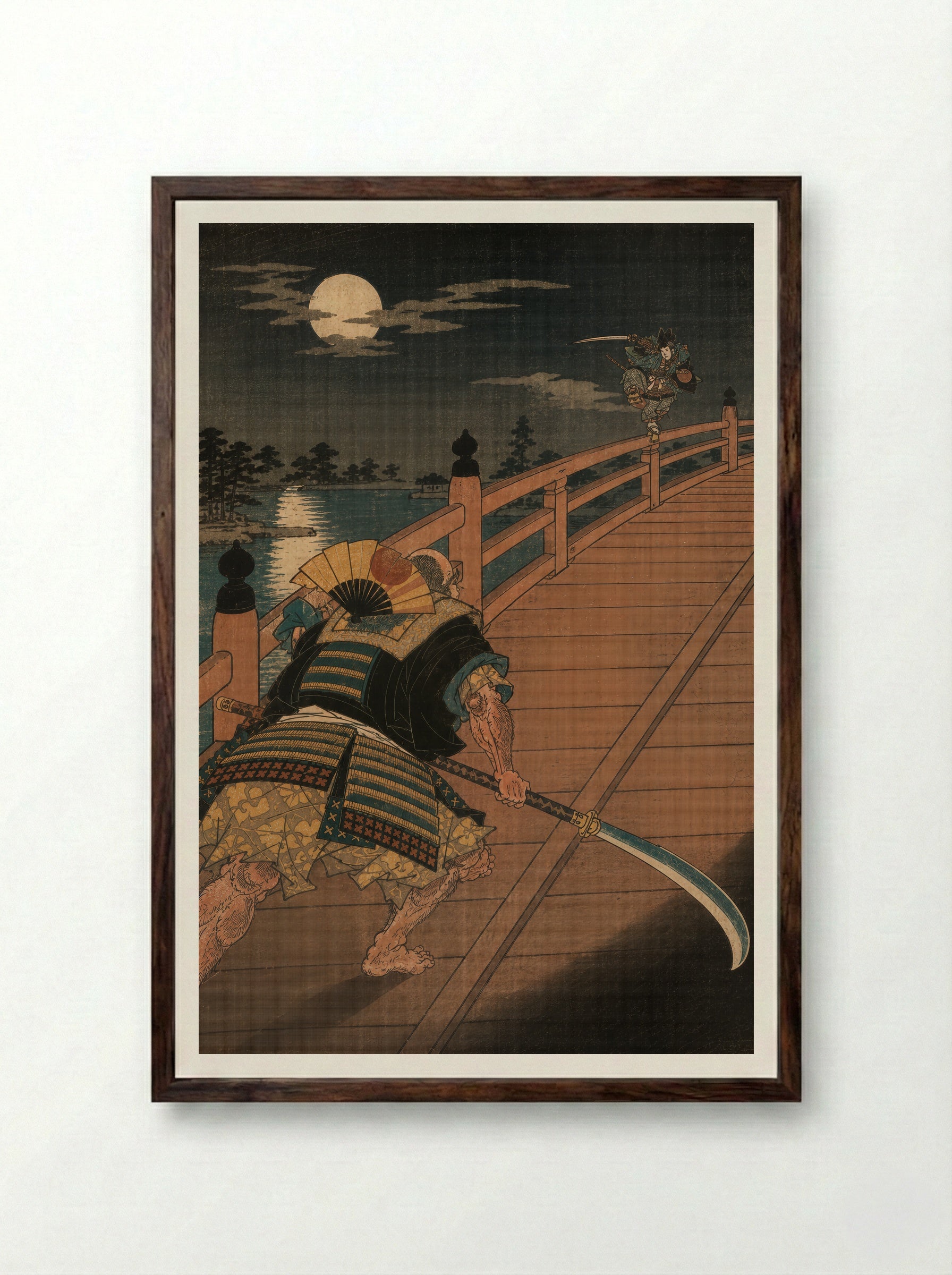 Yoshitsune and Benkei on Gojo Bridge: The Bridge Encounter - Framed Print Dark Wood