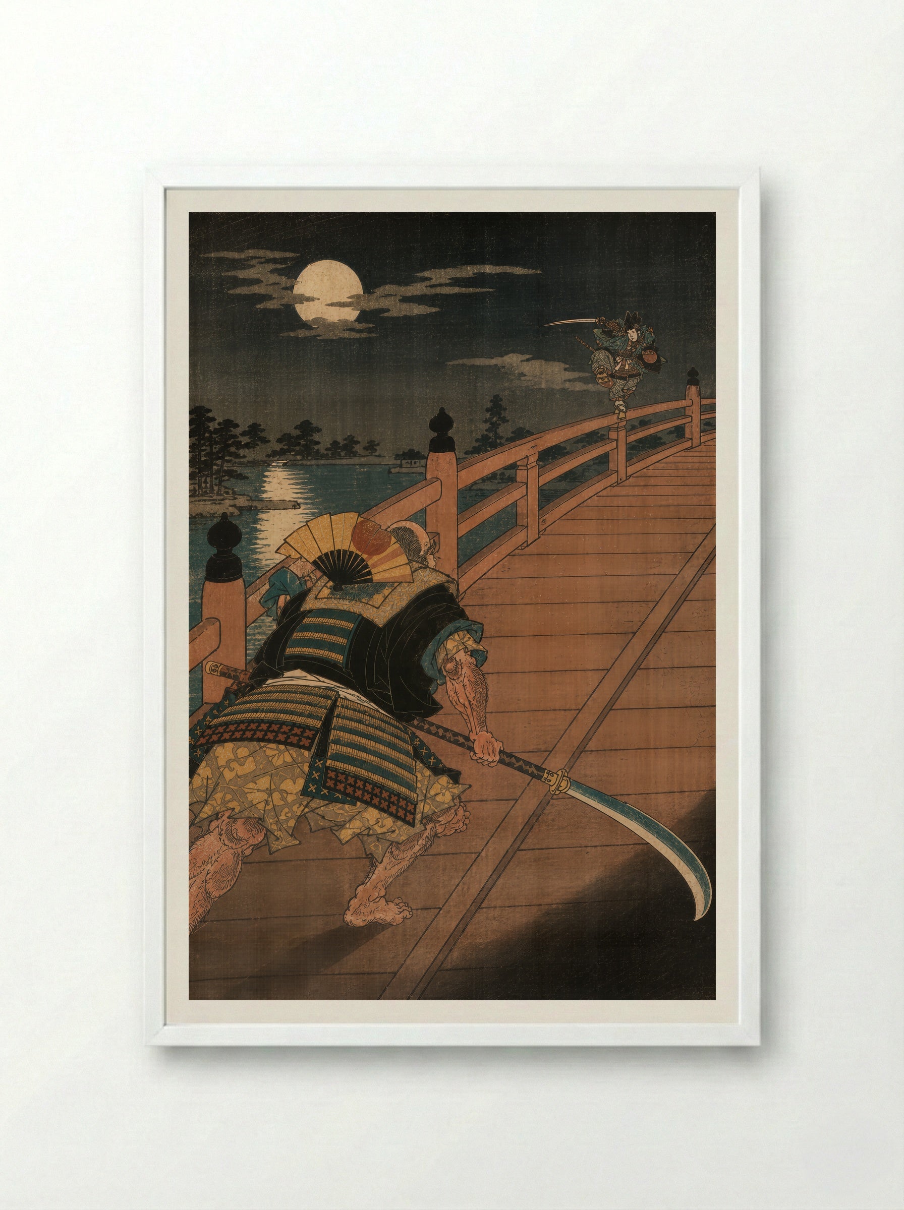 Yoshitsune and Benkei on Gojo Bridge: The Bridge Encounter - Framed Print White