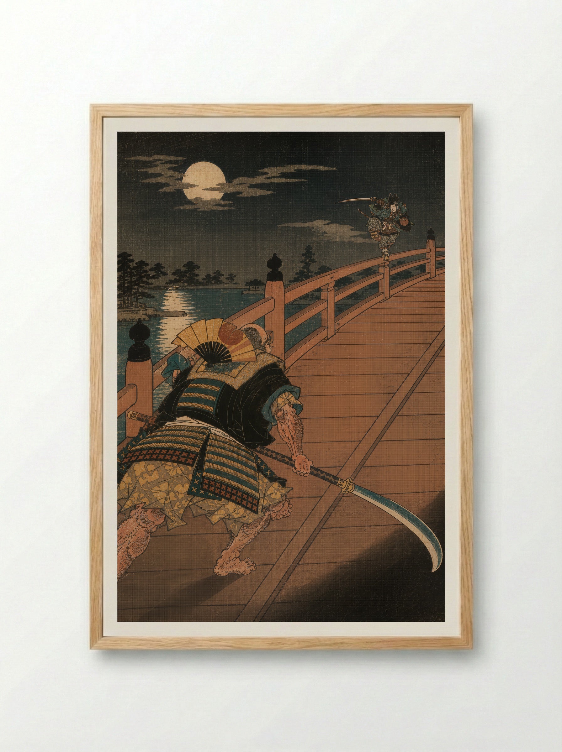 Yoshitsune and Benkei on Gojo Bridge: The Bridge Encounter - Framed Print Wood