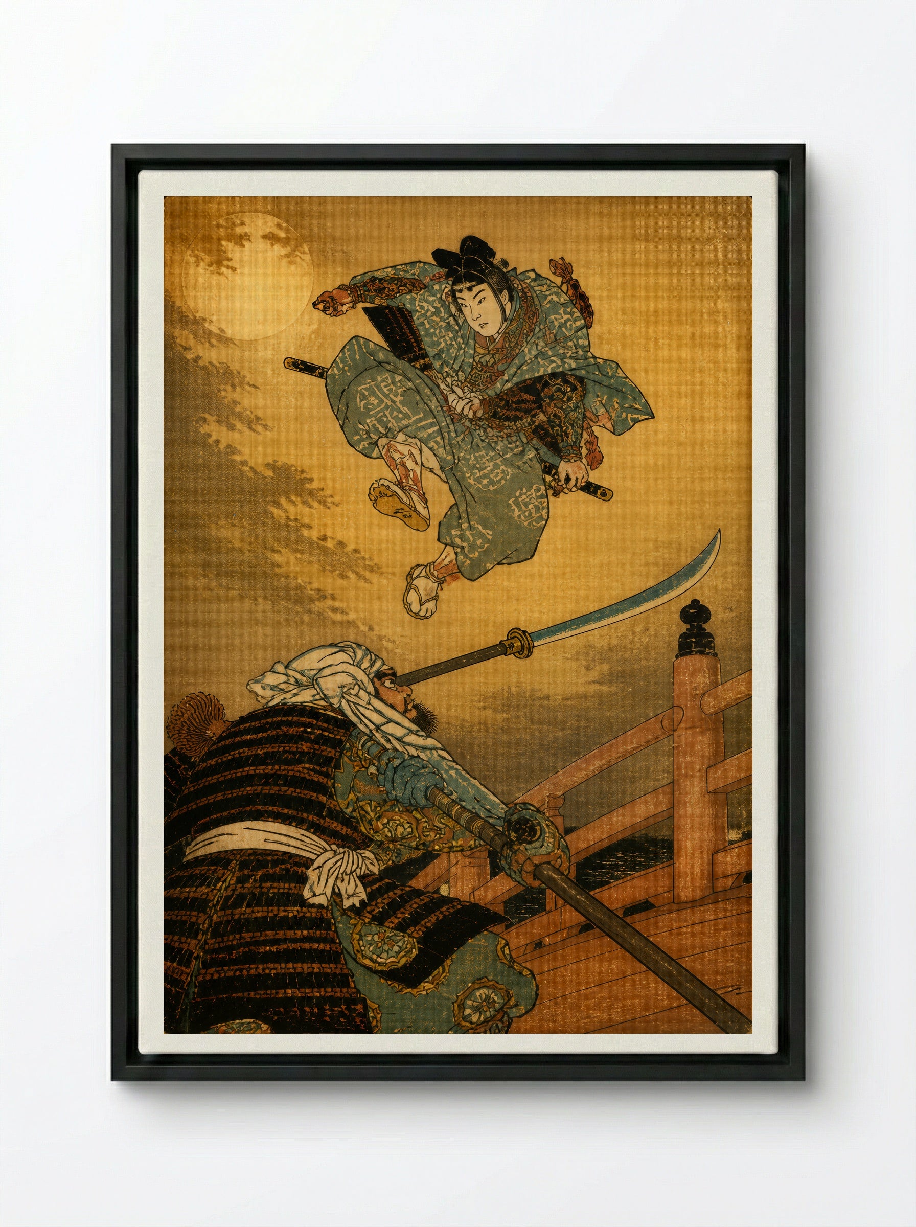 Yoshitsune and Benkei on Gojo Bridge: The Decisive Leap - Framed Canvas Black