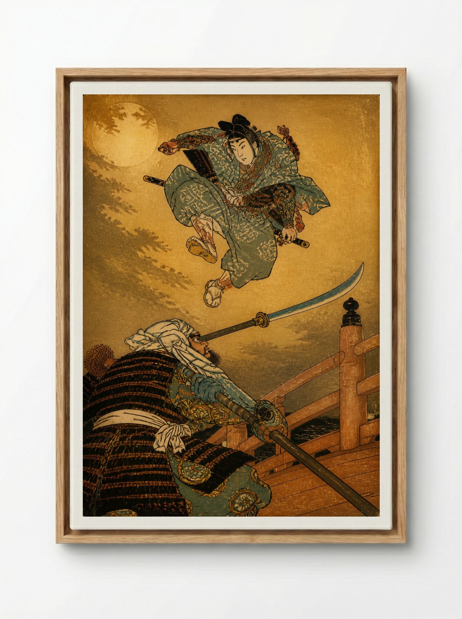 Yoshitsune and Benkei on Gojo Bridge: The Decisive Leap - Framed Canvas Wood