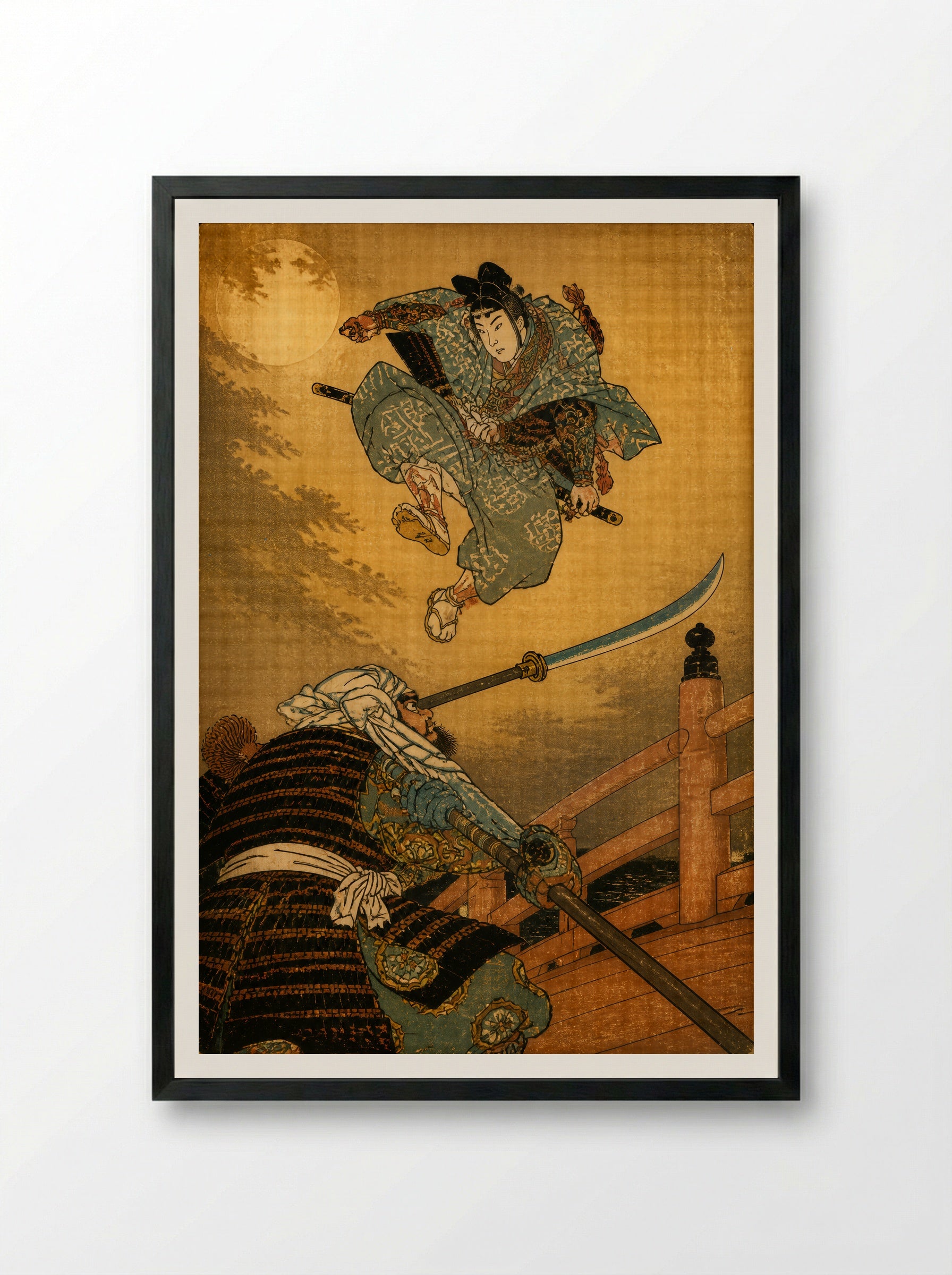 Yoshitsune and Benkei on Gojo Bridge: The Decisive Leap - Framed Print Black
