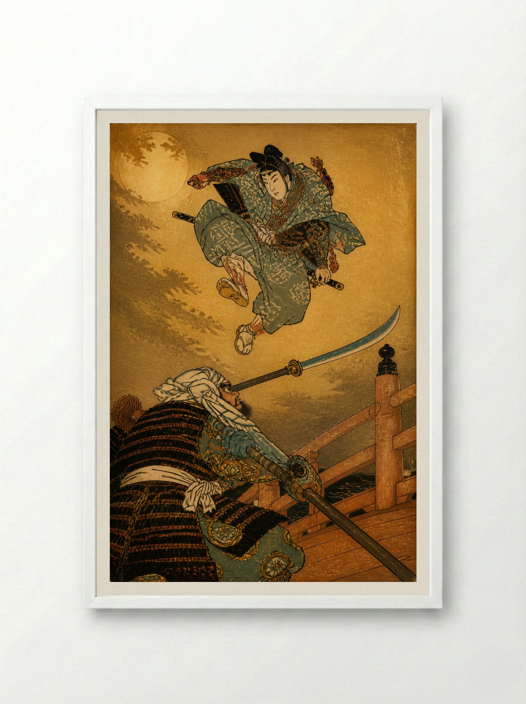Yoshitsune and Benkei on Gojo Bridge: The Decisive Leap - Framed Print White