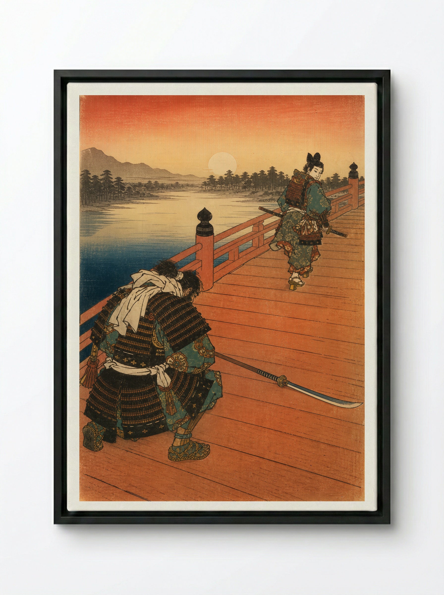 Yoshitsune and Benkei on Gojo Bridge: The Warrior Kneels - Framed Canvas Black