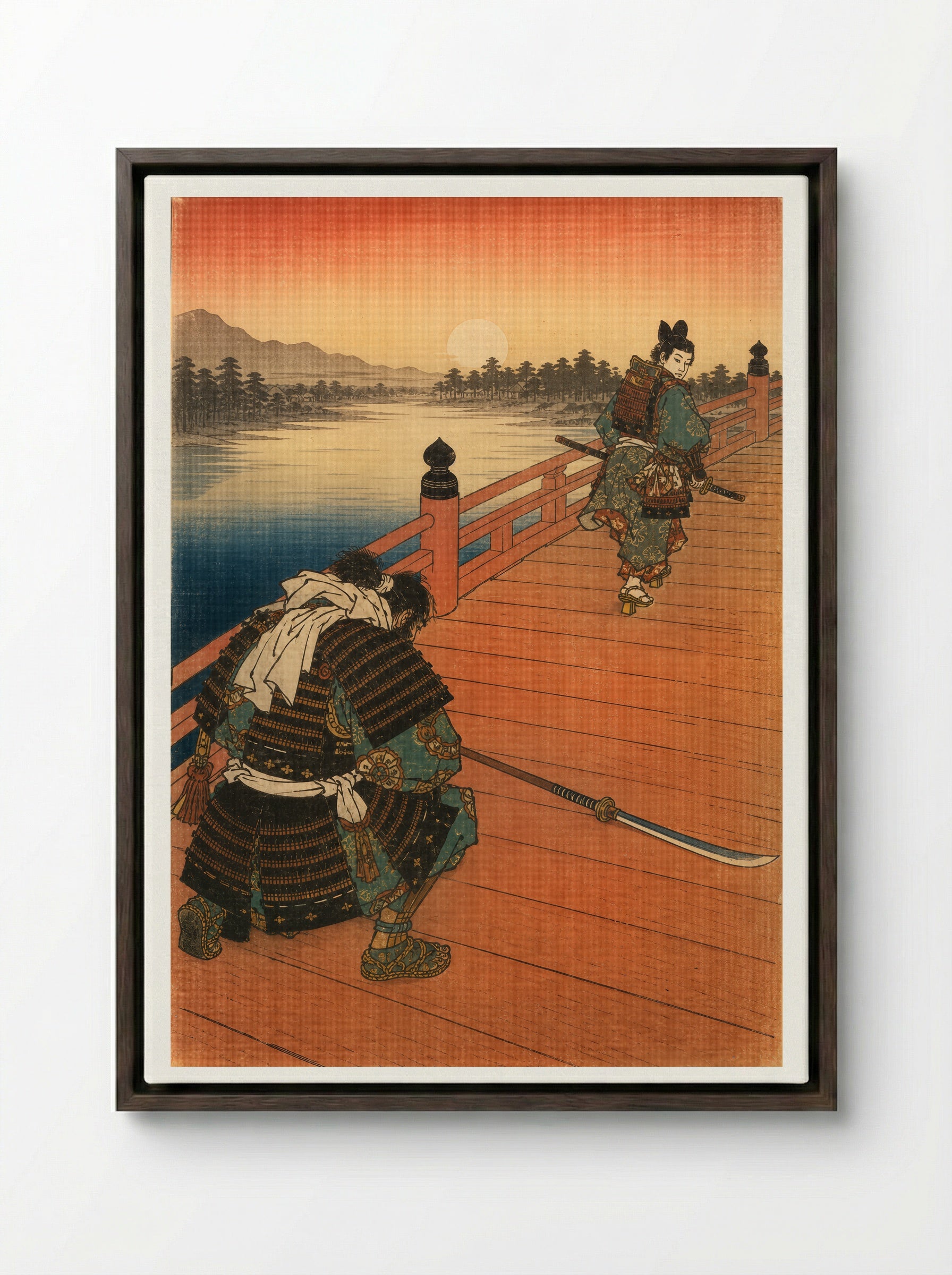 Yoshitsune and Benkei on Gojo Bridge: The Warrior Kneels - Framed Canvas Dark Wood