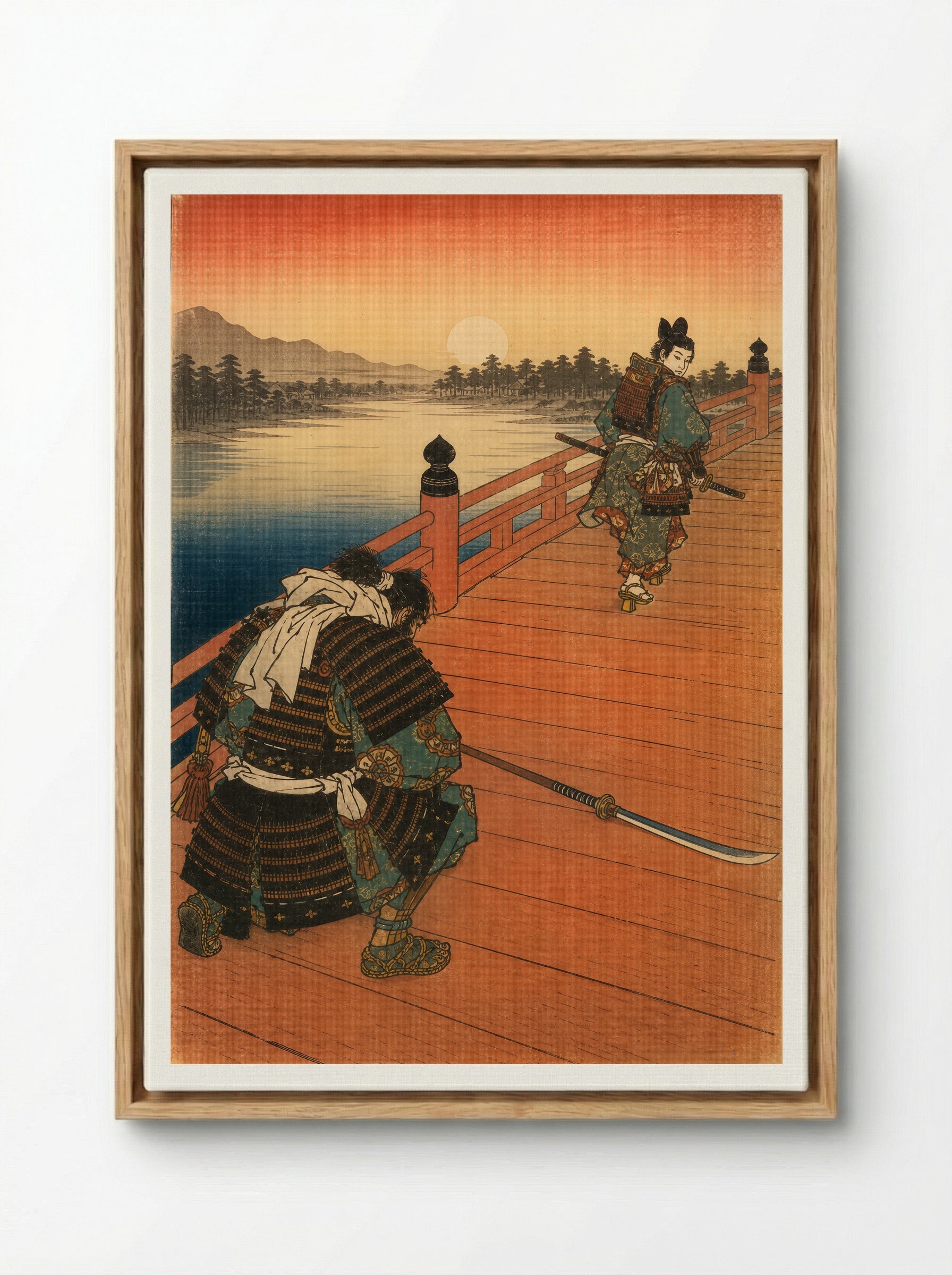 Yoshitsune and Benkei on Gojo Bridge: The Warrior Kneels - Framed Canvas Wood