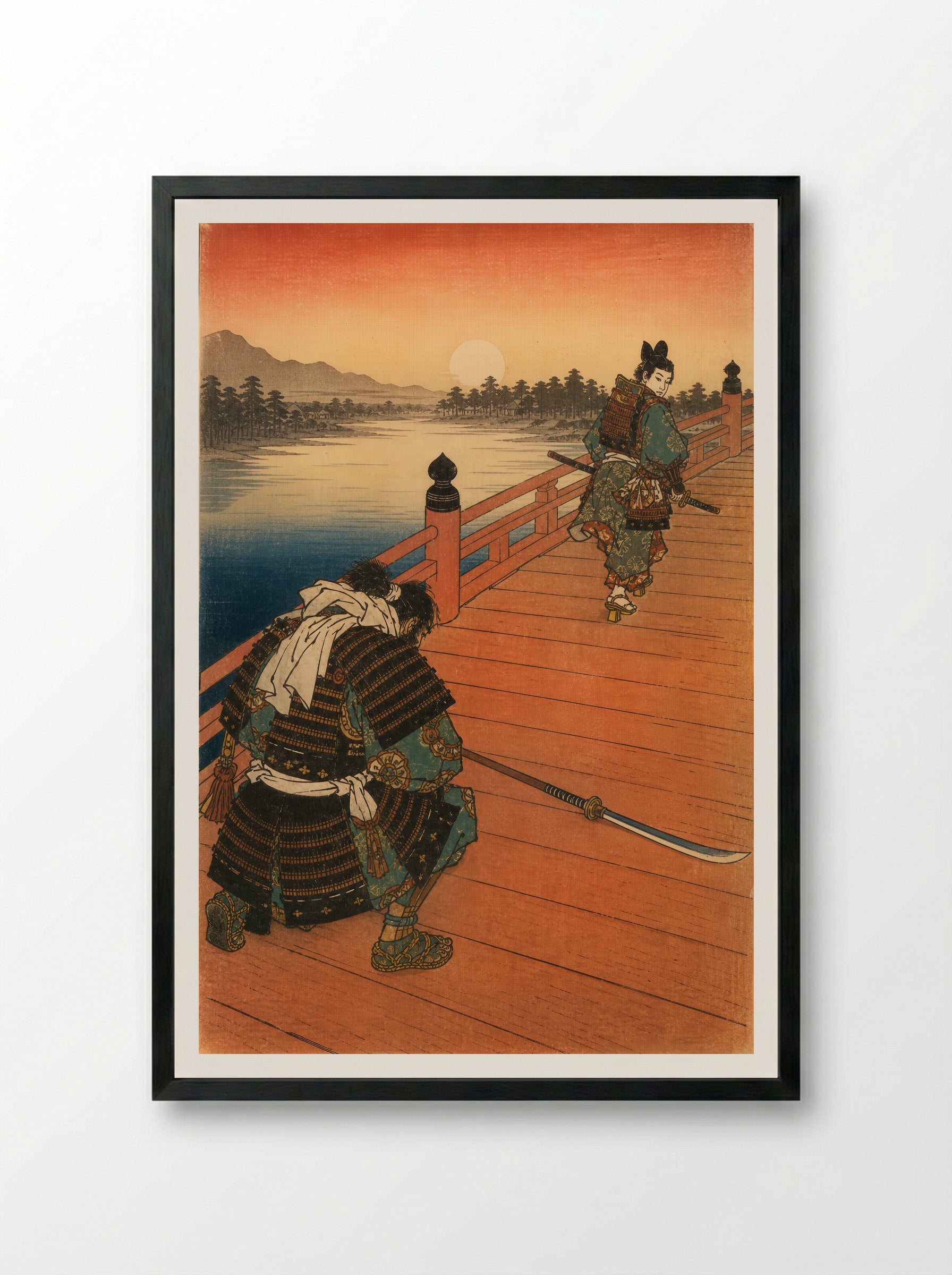 Yoshitsune and Benkei on Gojo Bridge: The Warrior Kneels - Framed Print Black