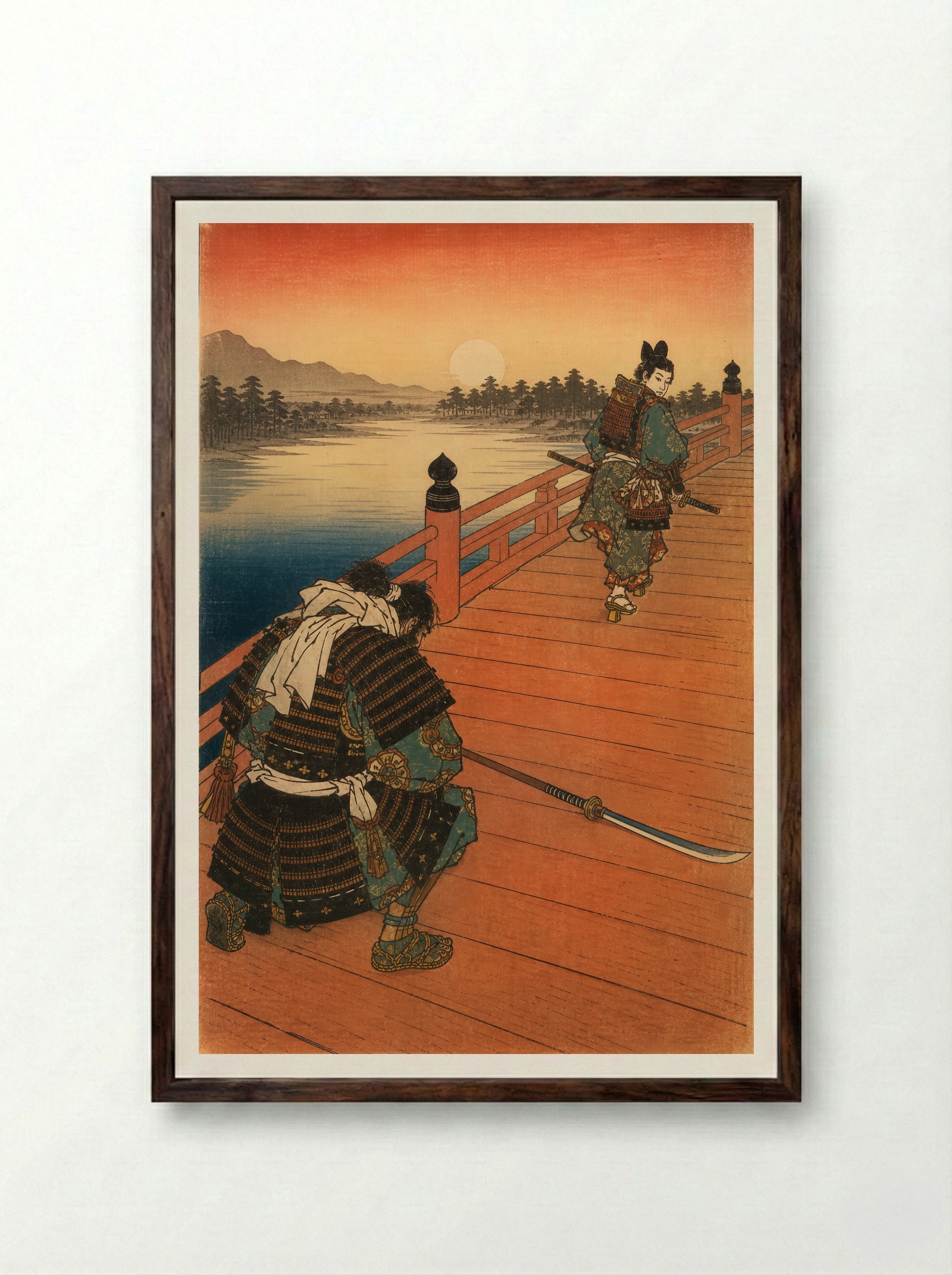 Yoshitsune and Benkei on Gojo Bridge: The Warrior Kneels - Framed Print Dark Wood