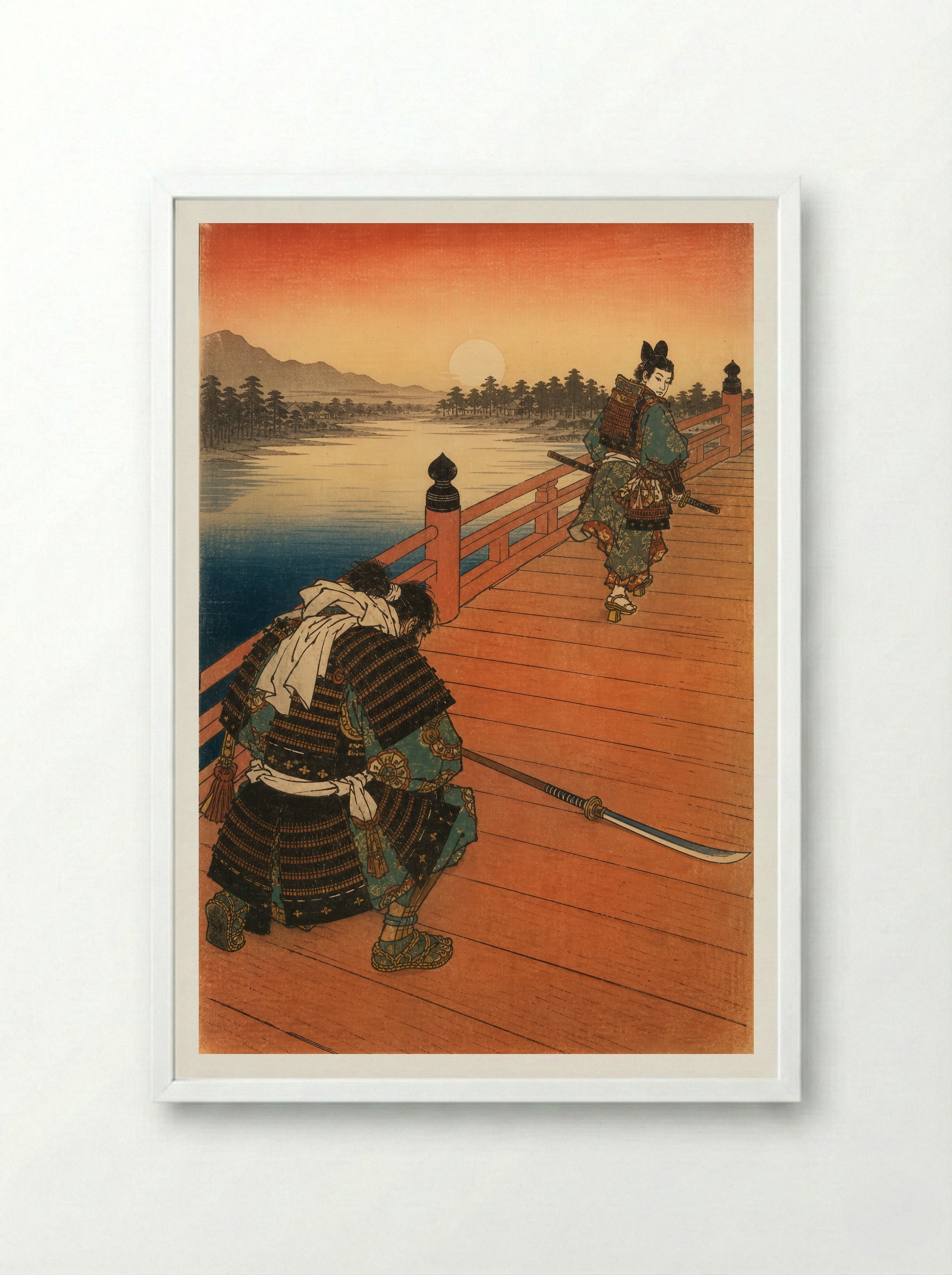 Yoshitsune and Benkei on Gojo Bridge: The Warrior Kneels - Framed Print White