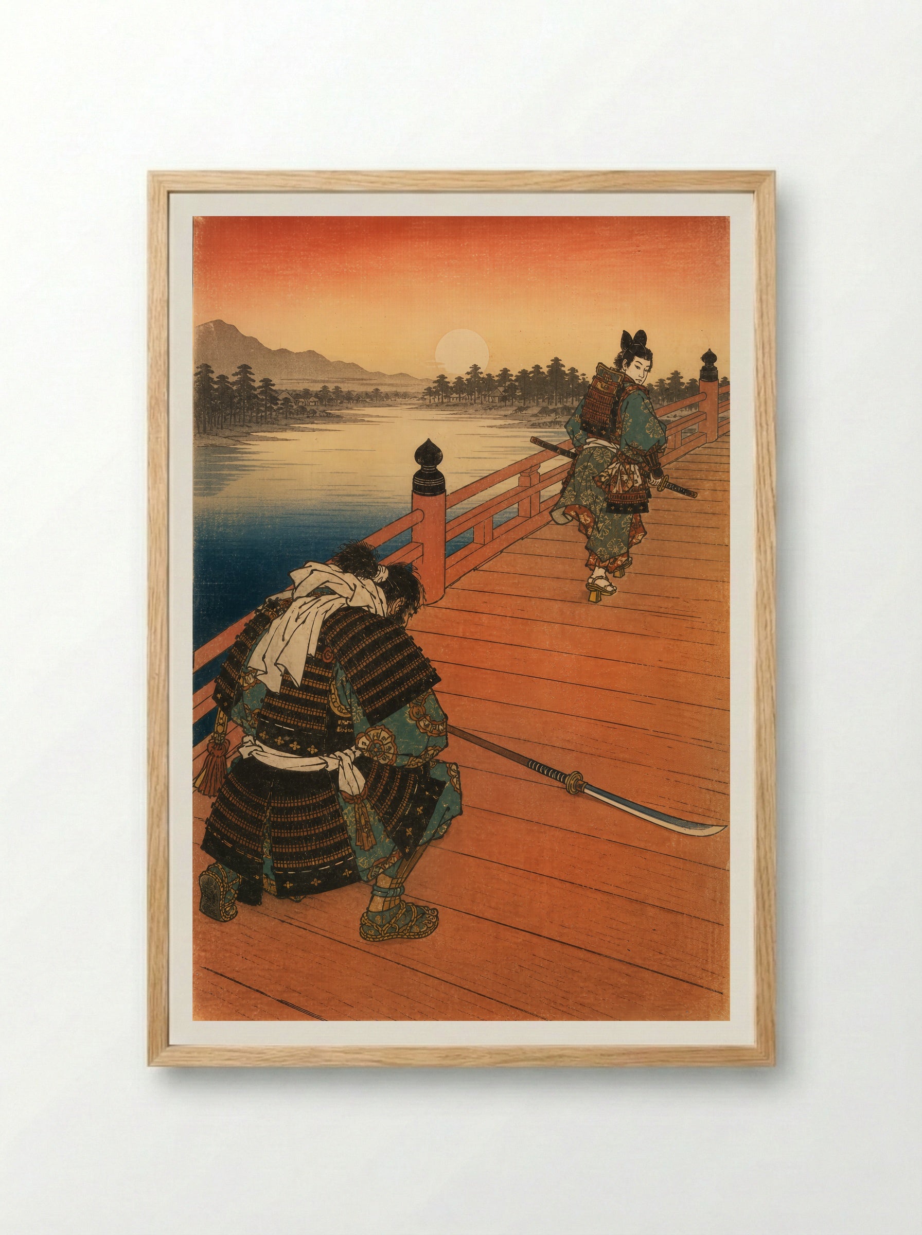 Yoshitsune and Benkei on Gojo Bridge: The Warrior Kneels - Framed Print Wood