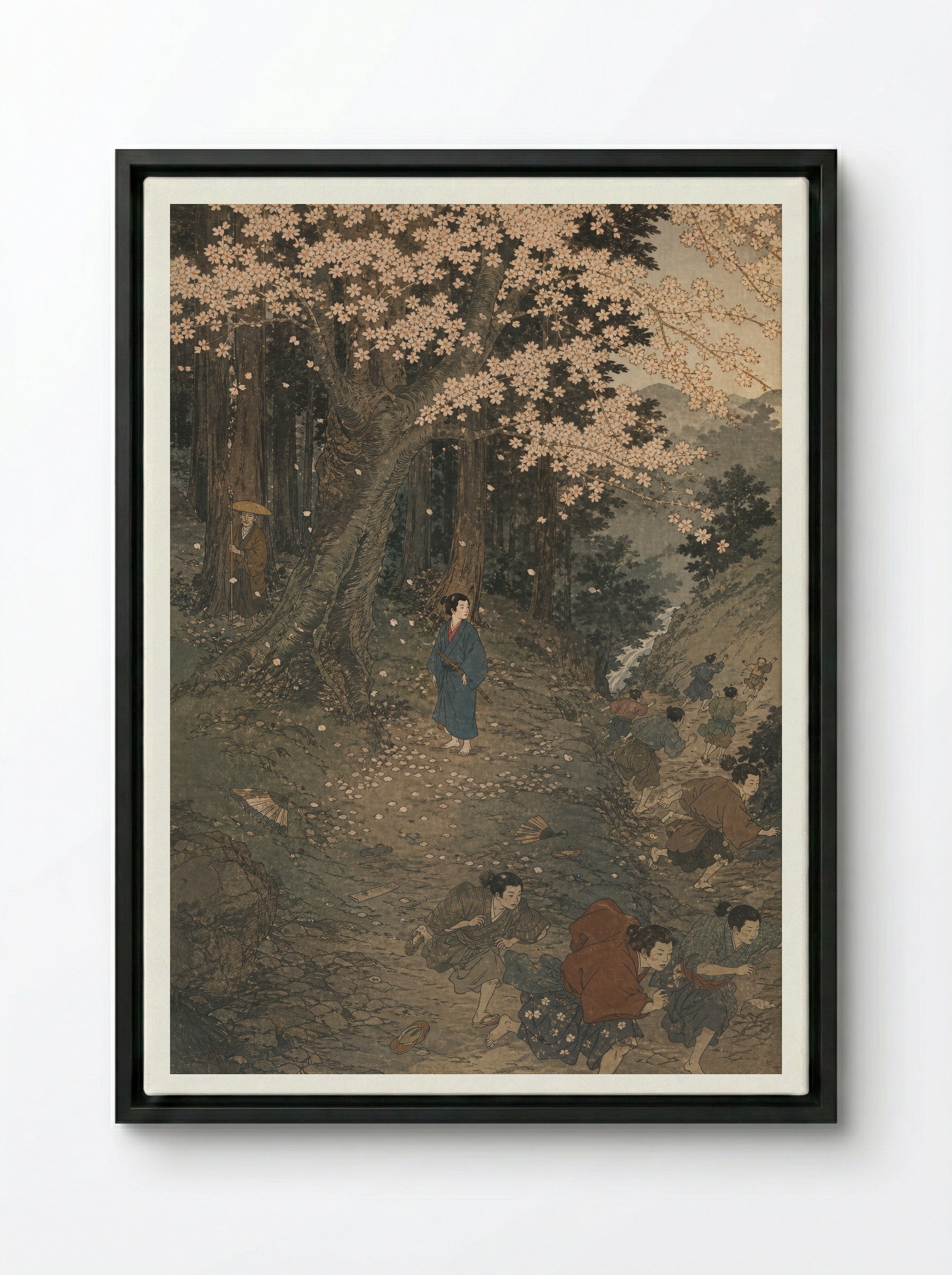 Yoshitsune and the Tengu of Kurama: The Child Who Stays - Framed Canvas Black