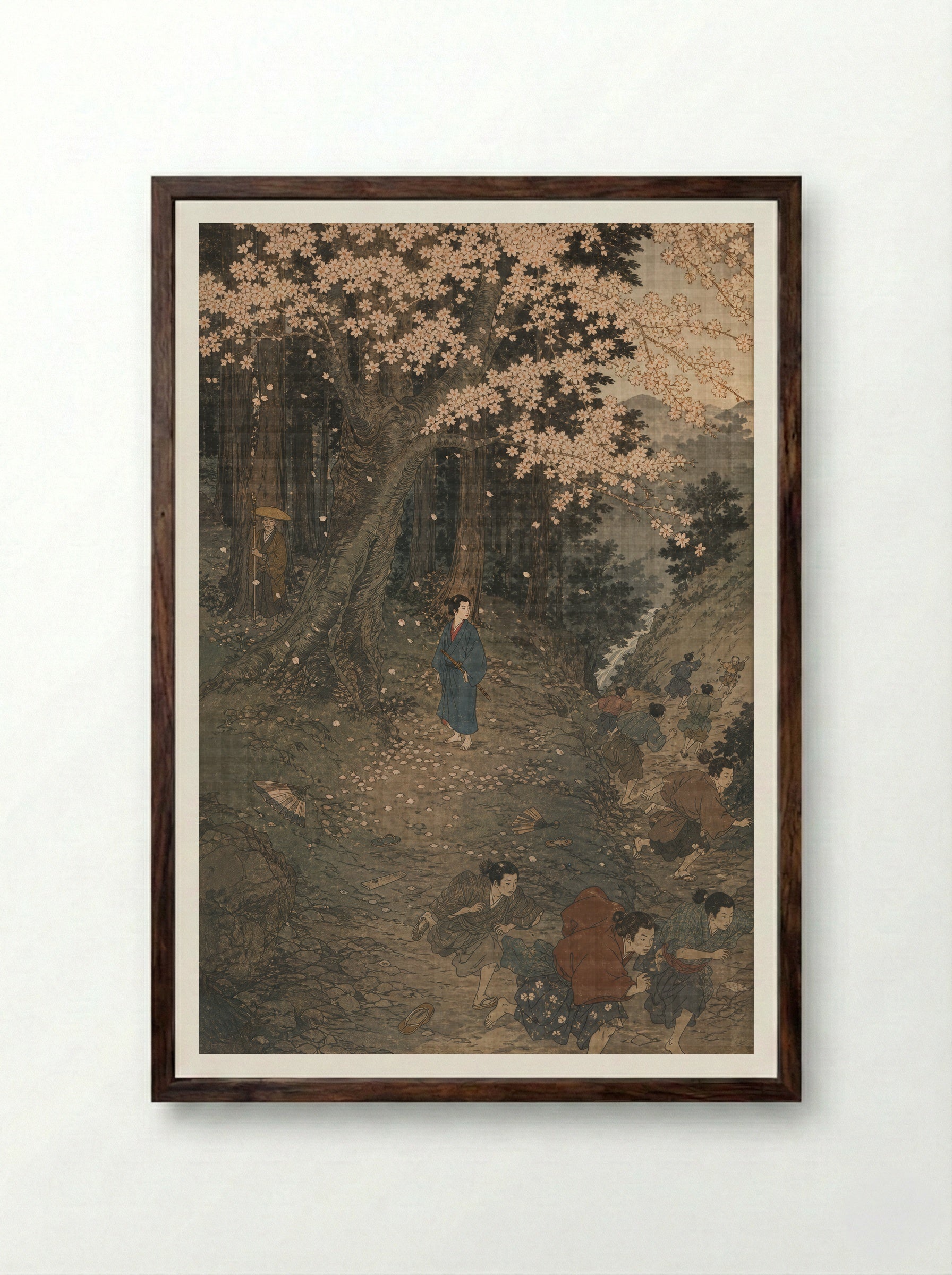 Yoshitsune and the Tengu of Kurama: The Child Who Stays - Framed Print Dark Wood
