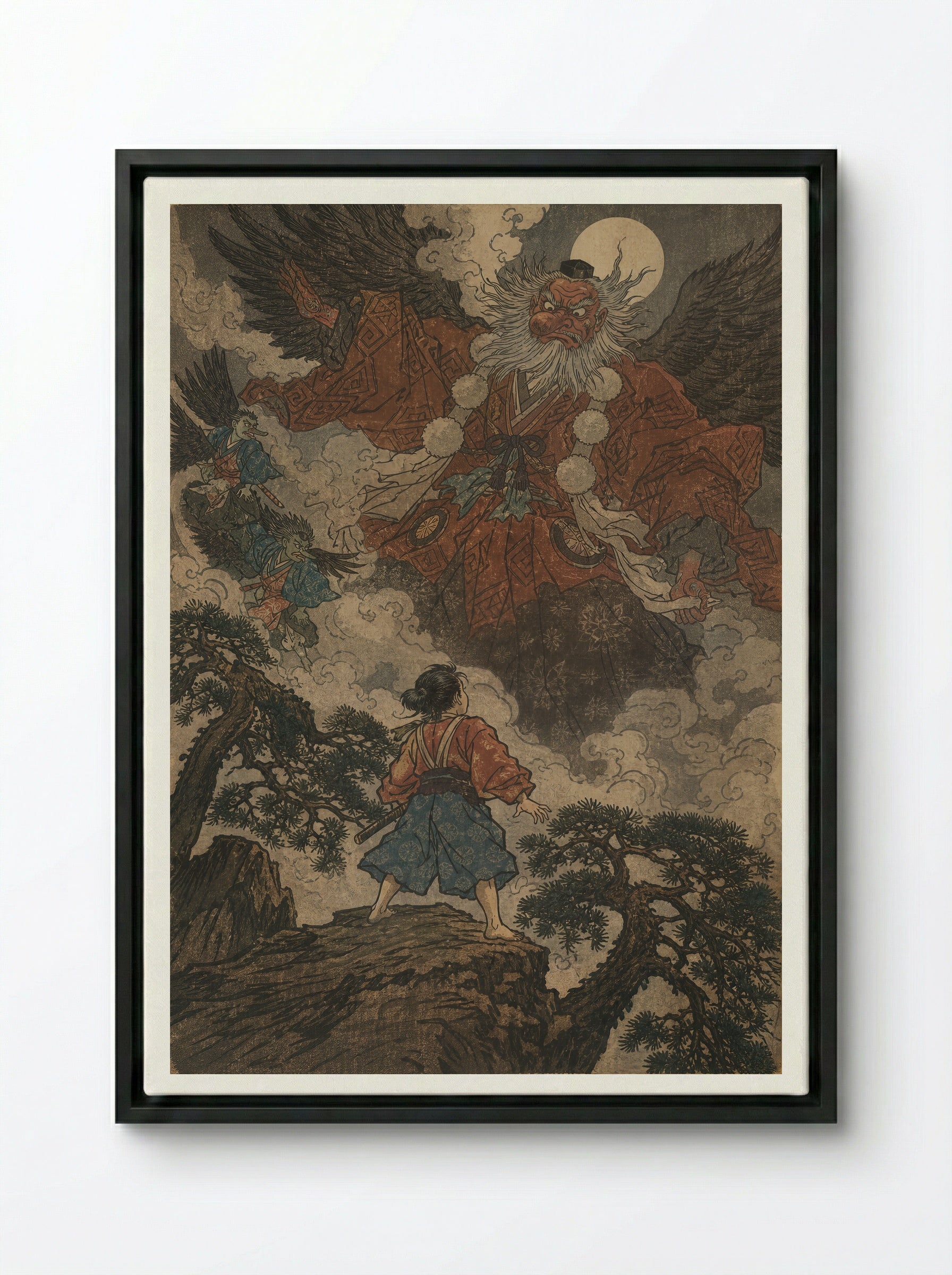 Yoshitsune and the Tengu of Kurama: The Lesson Begins - Framed Canvas Black