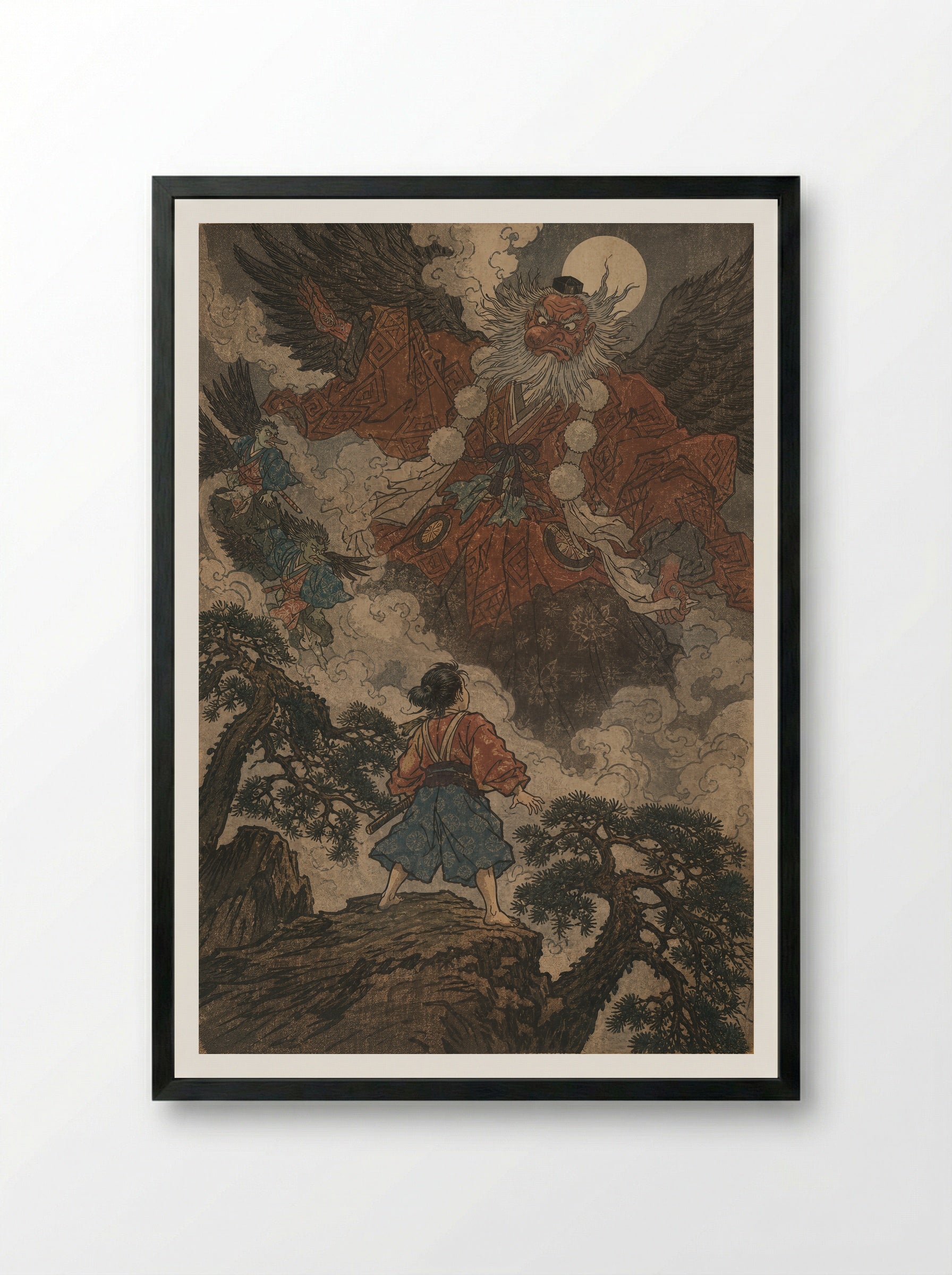 Yoshitsune and the Tengu of Kurama: The Lesson Begins - Framed Print Black