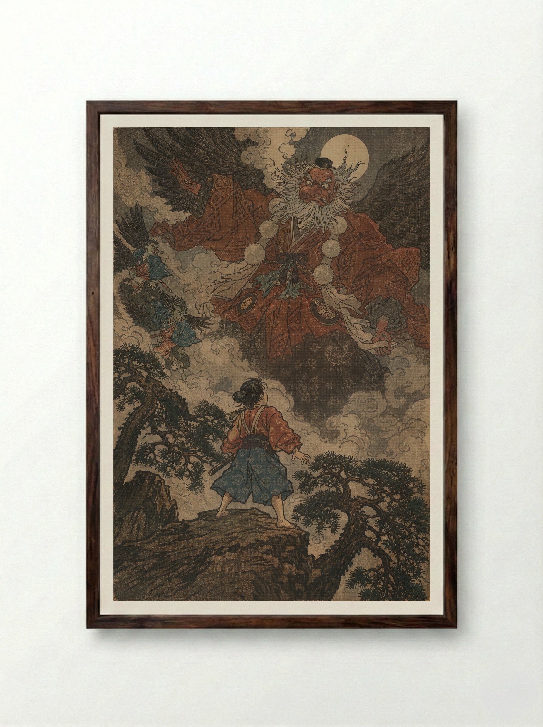 Yoshitsune and the Tengu of Kurama: The Lesson Begins - Framed Print Dark Wood