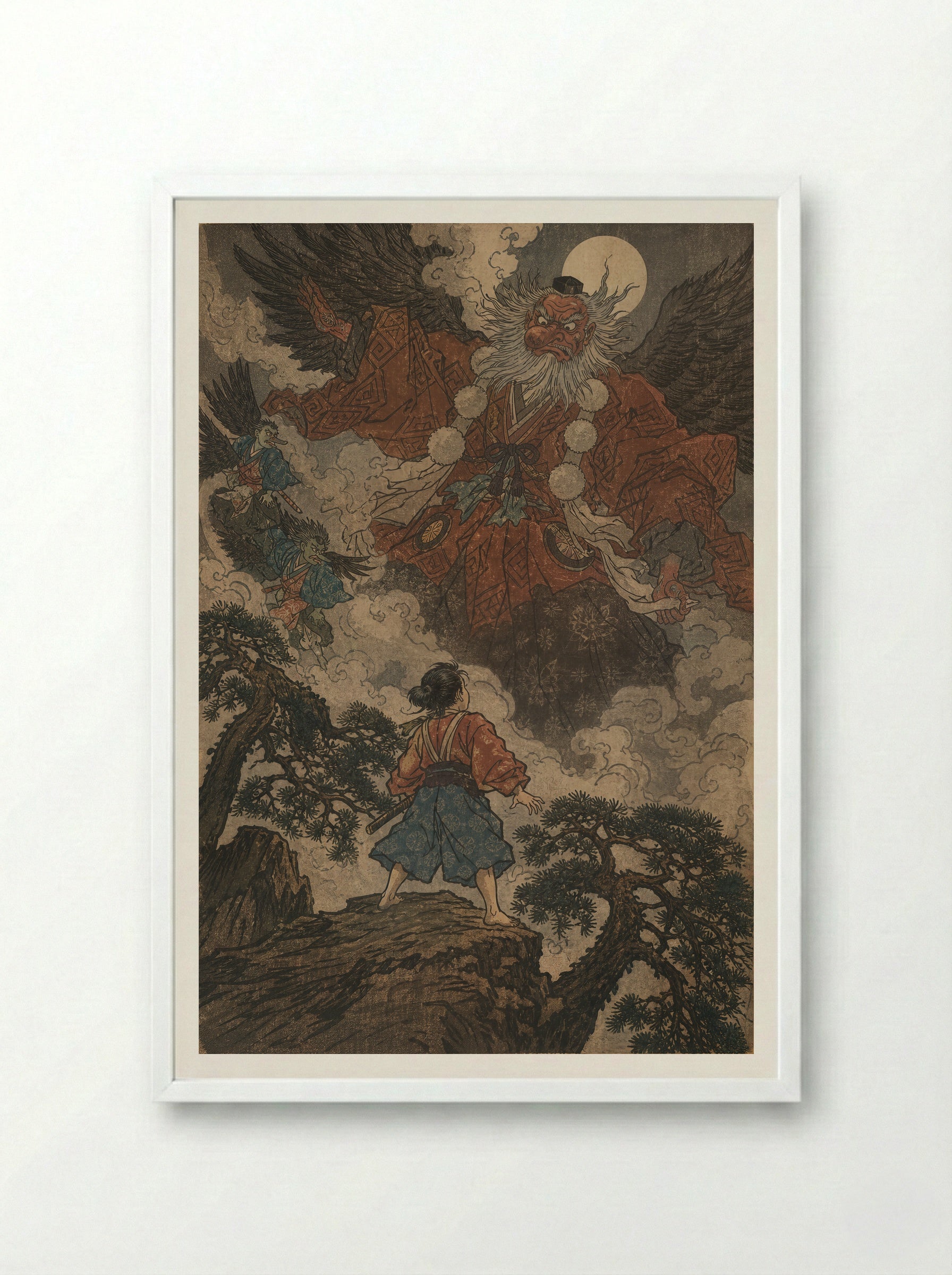 Yoshitsune and the Tengu of Kurama: The Lesson Begins - Framed Print White