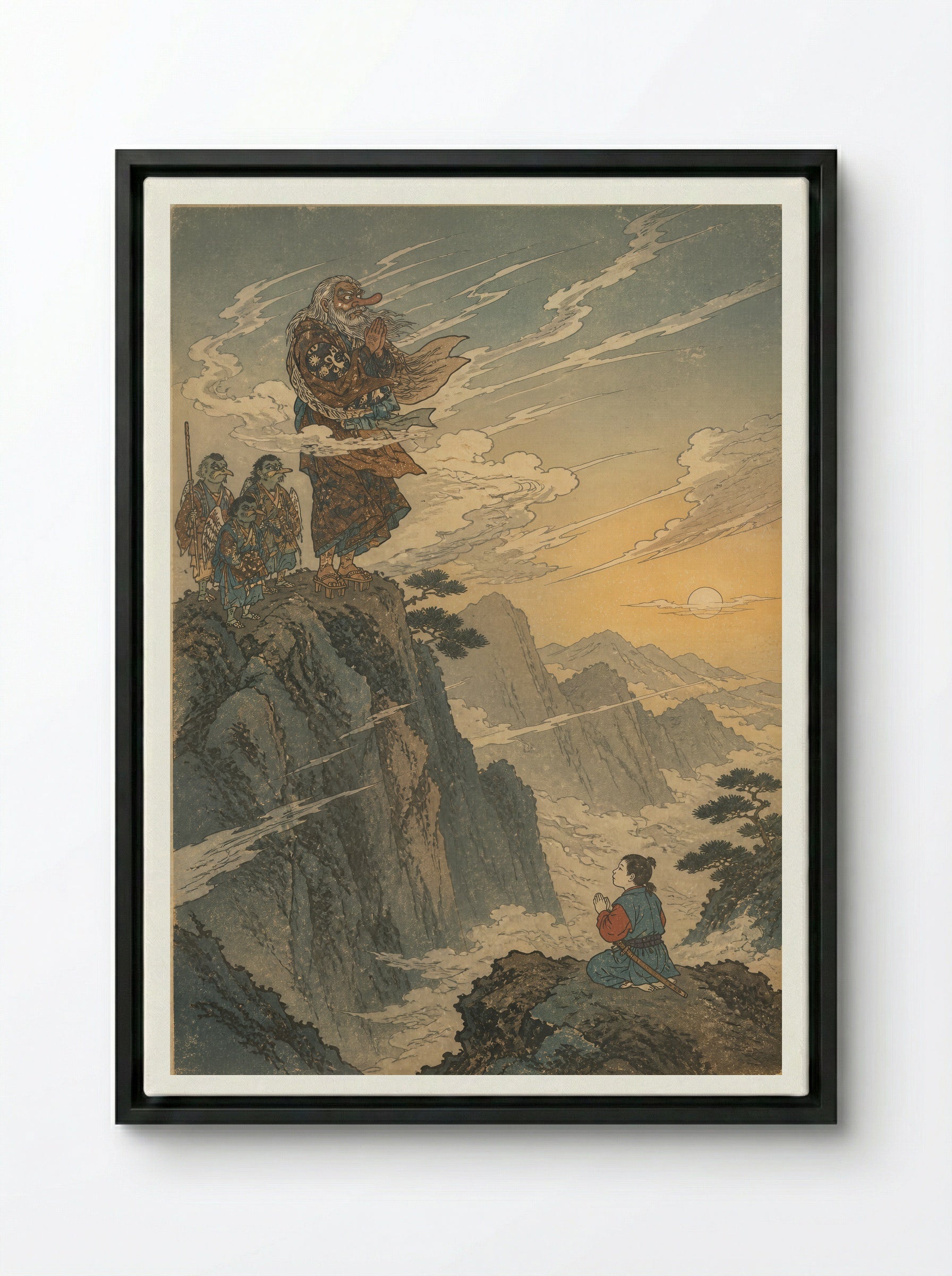 Yoshitsune and the Tengu of Kurama: The Mountain Farewell - Framed Canvas Black