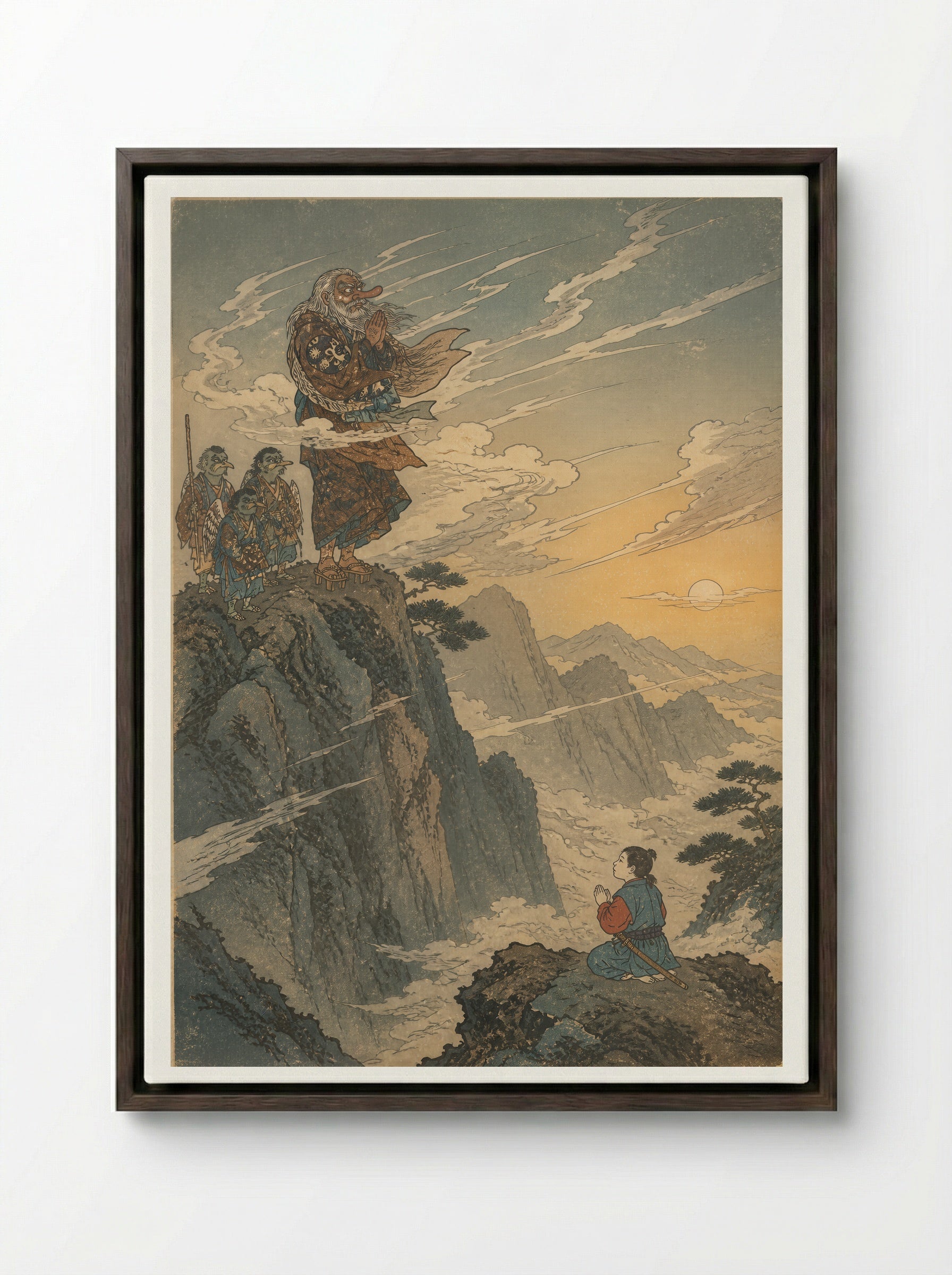 Yoshitsune and the Tengu of Kurama: The Mountain Farewell - Framed Canvas Dark Wood