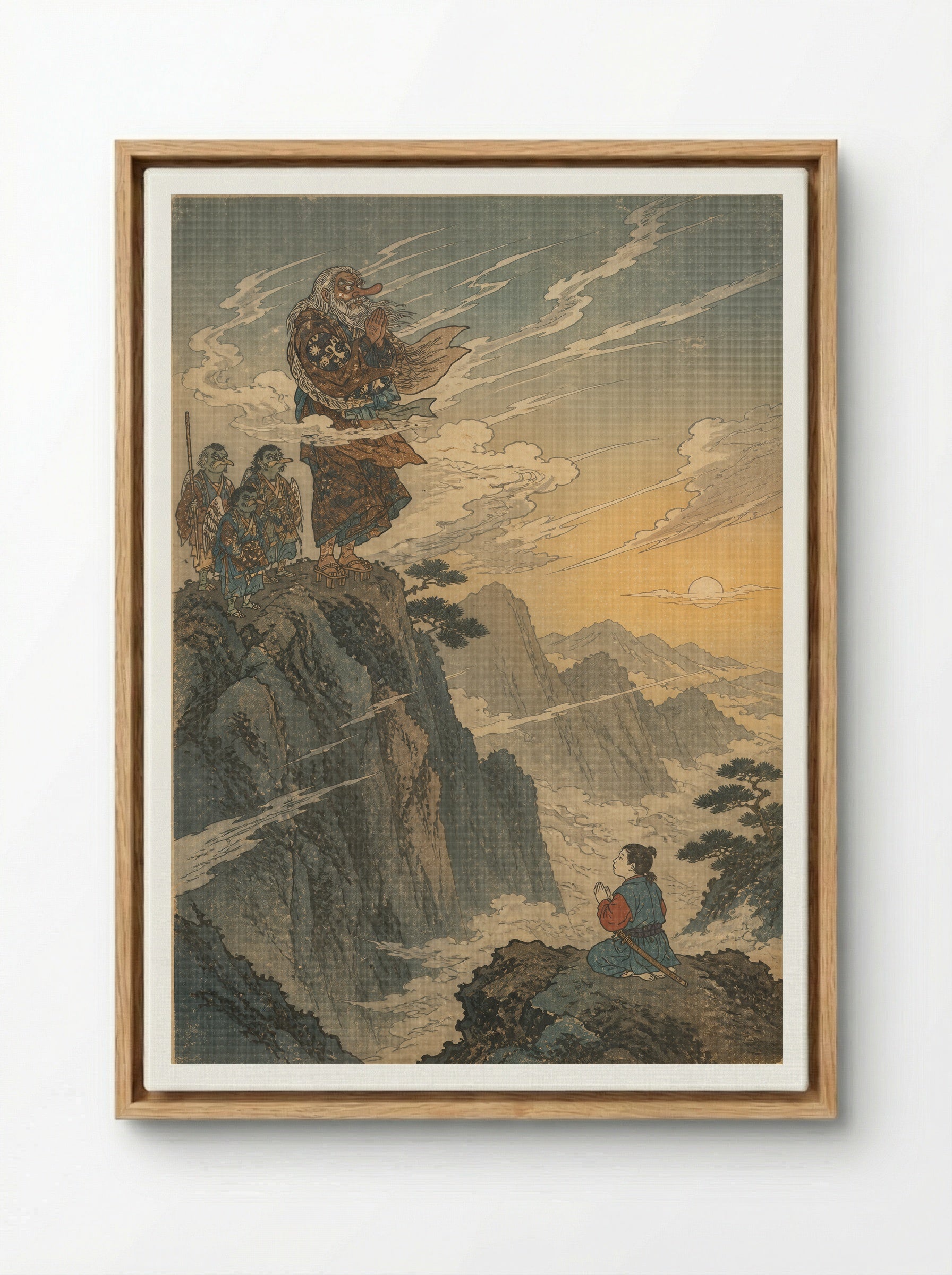 Yoshitsune and the Tengu of Kurama: The Mountain Farewell - Framed Canvas Wood