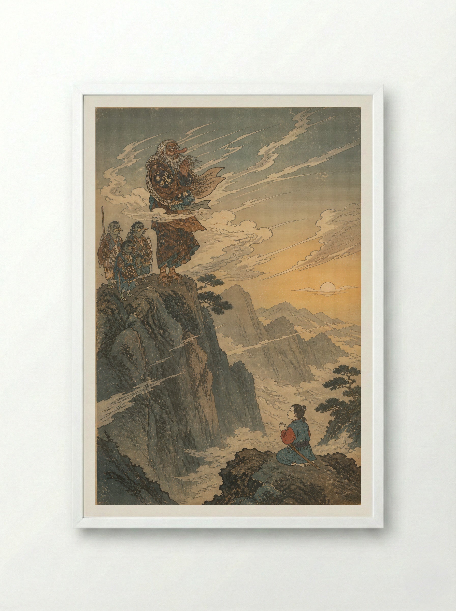 Yoshitsune and the Tengu of Kurama: The Mountain Farewell - Framed Print White