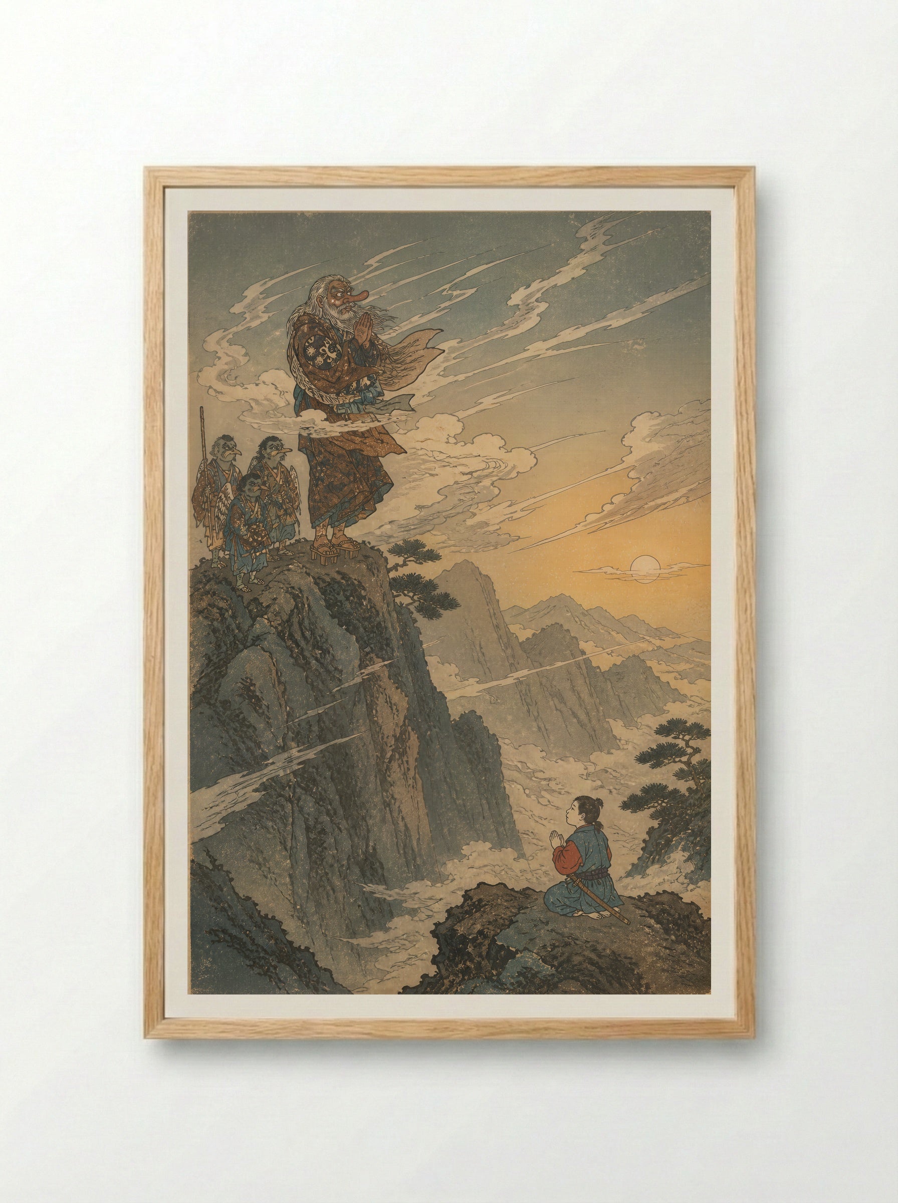 Yoshitsune and the Tengu of Kurama: The Mountain Farewell - Framed Print Wood