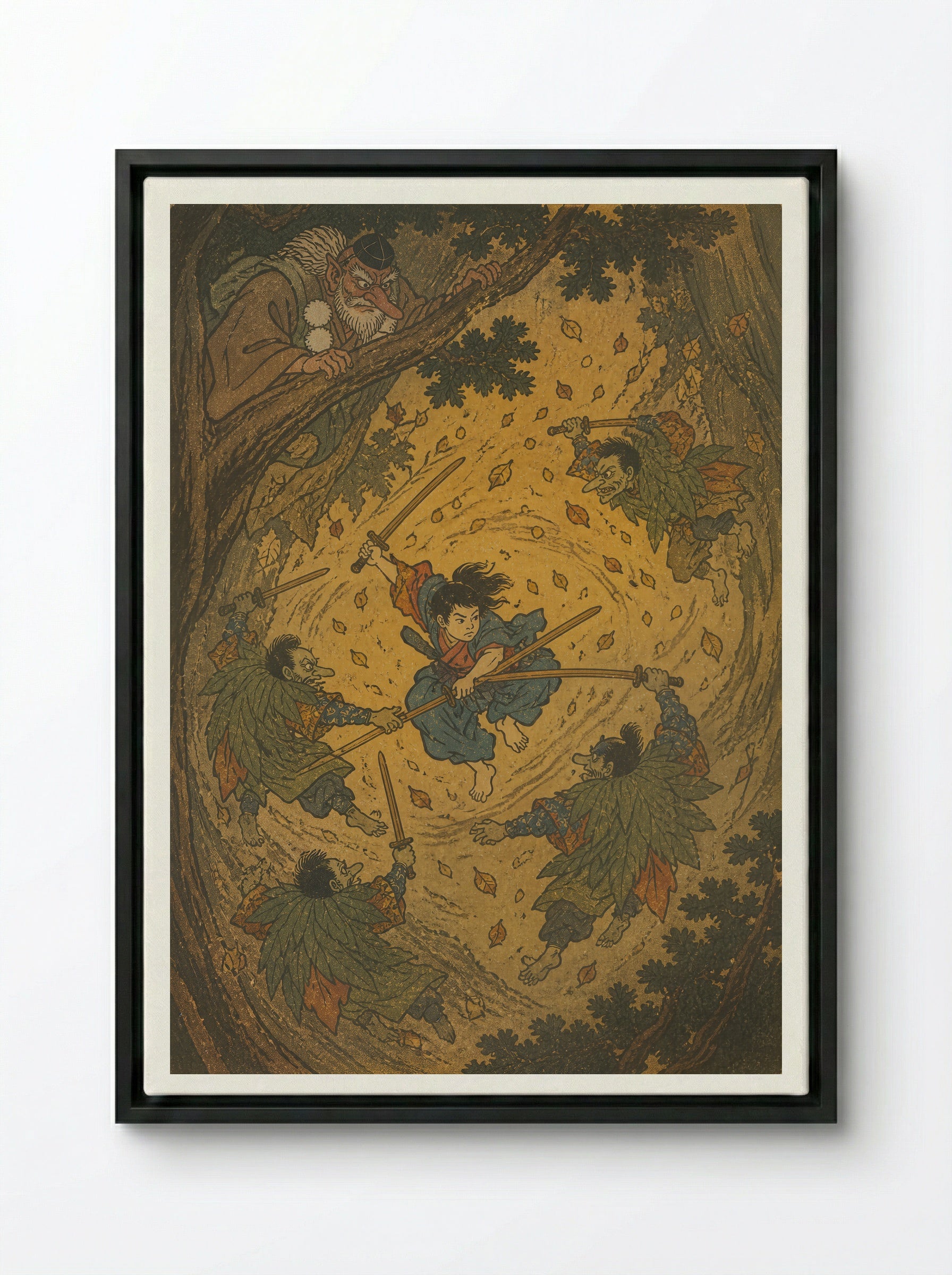 Yoshitsune and the Tengu of Kurama: The Teacher Takes the Air - Framed Canvas Black