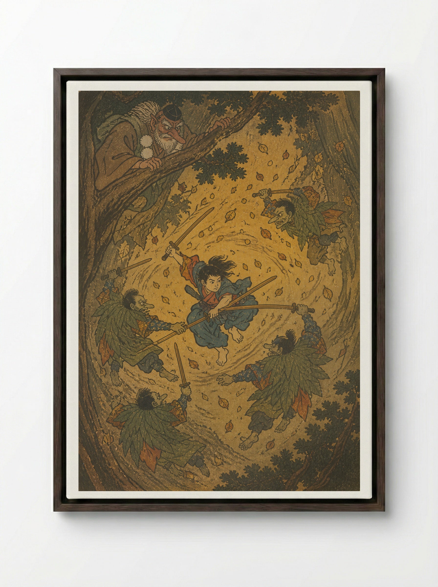 Yoshitsune and the Tengu of Kurama: The Teacher Takes the Air - Framed Canvas Dark Wood