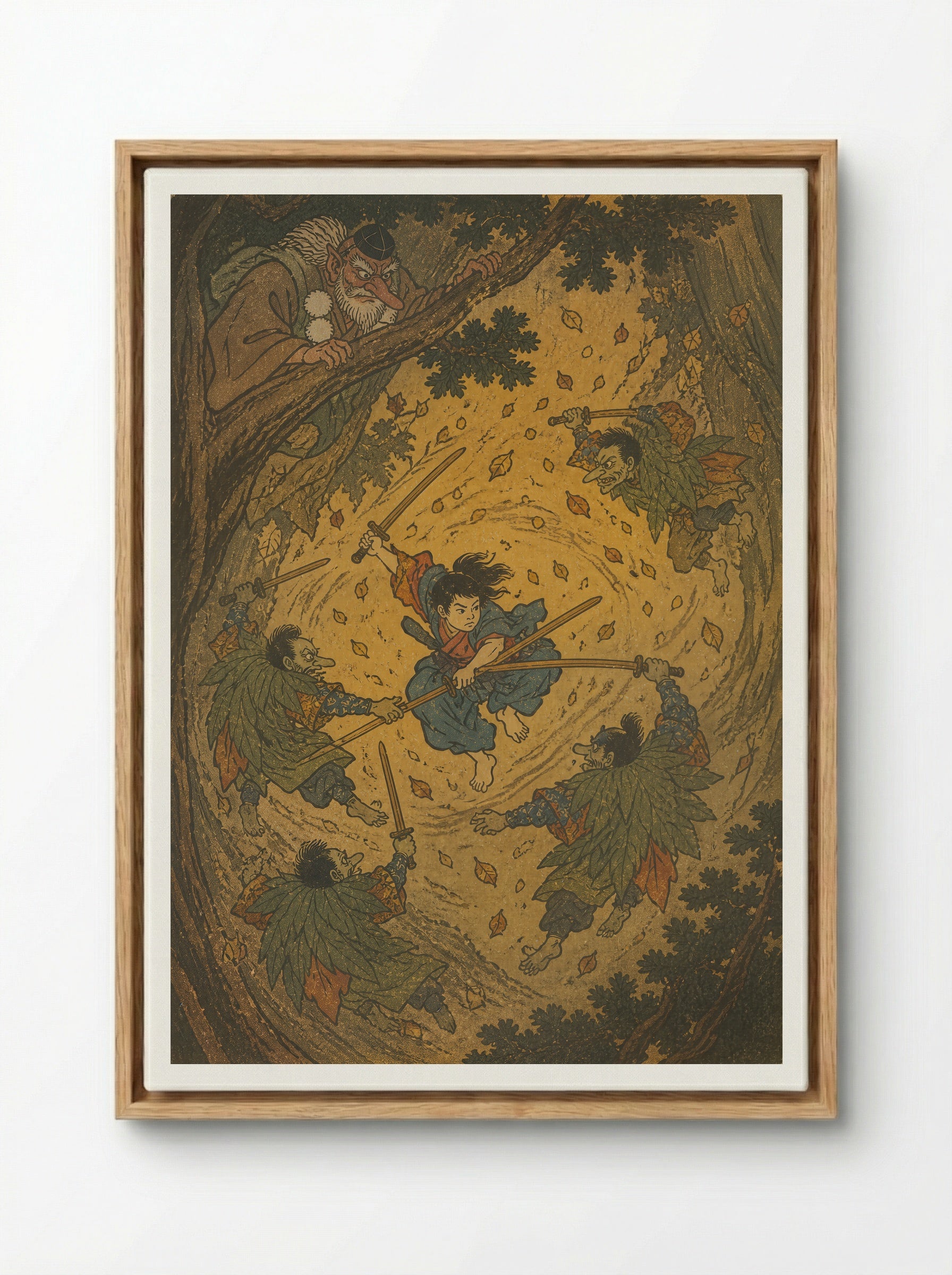 Yoshitsune and the Tengu of Kurama: The Teacher Takes the Air - Framed Canvas Wood