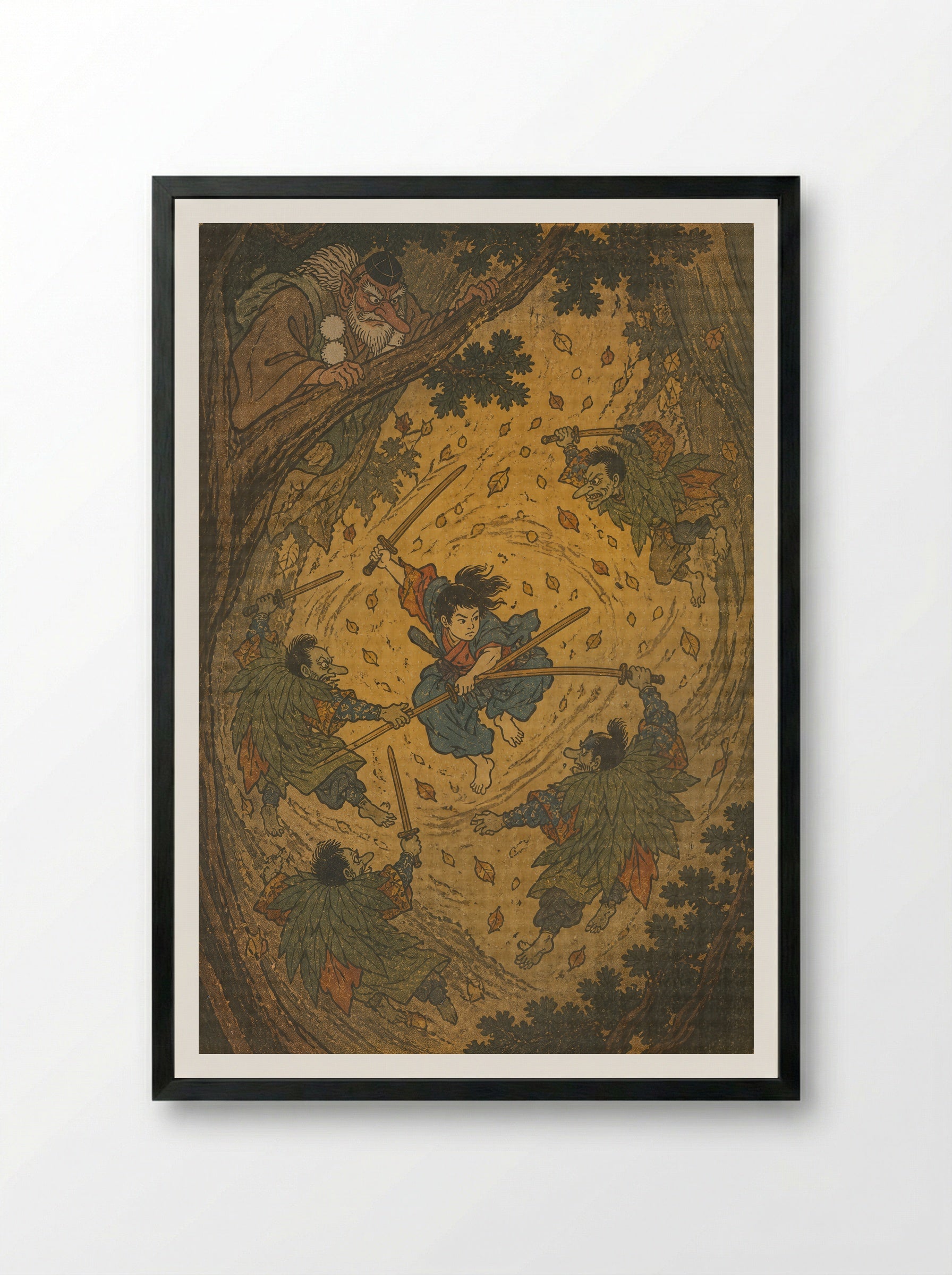 Yoshitsune and the Tengu of Kurama: The Teacher Takes the Air - Framed Print Black
