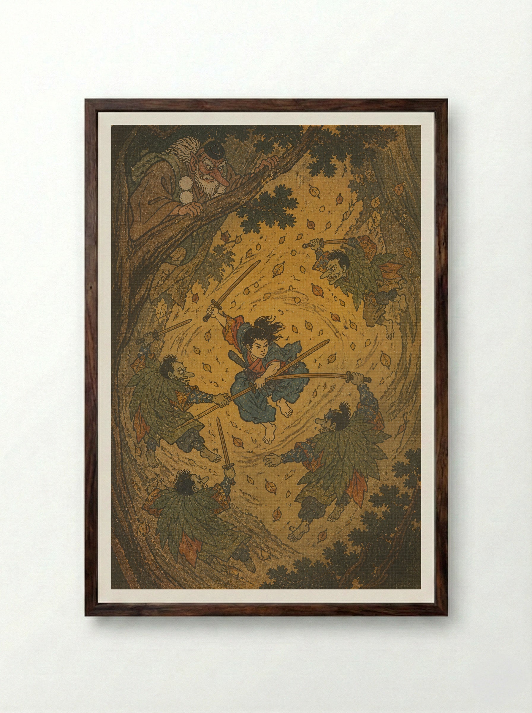 Yoshitsune and the Tengu of Kurama: The Teacher Takes the Air - Framed Print Dark Wood