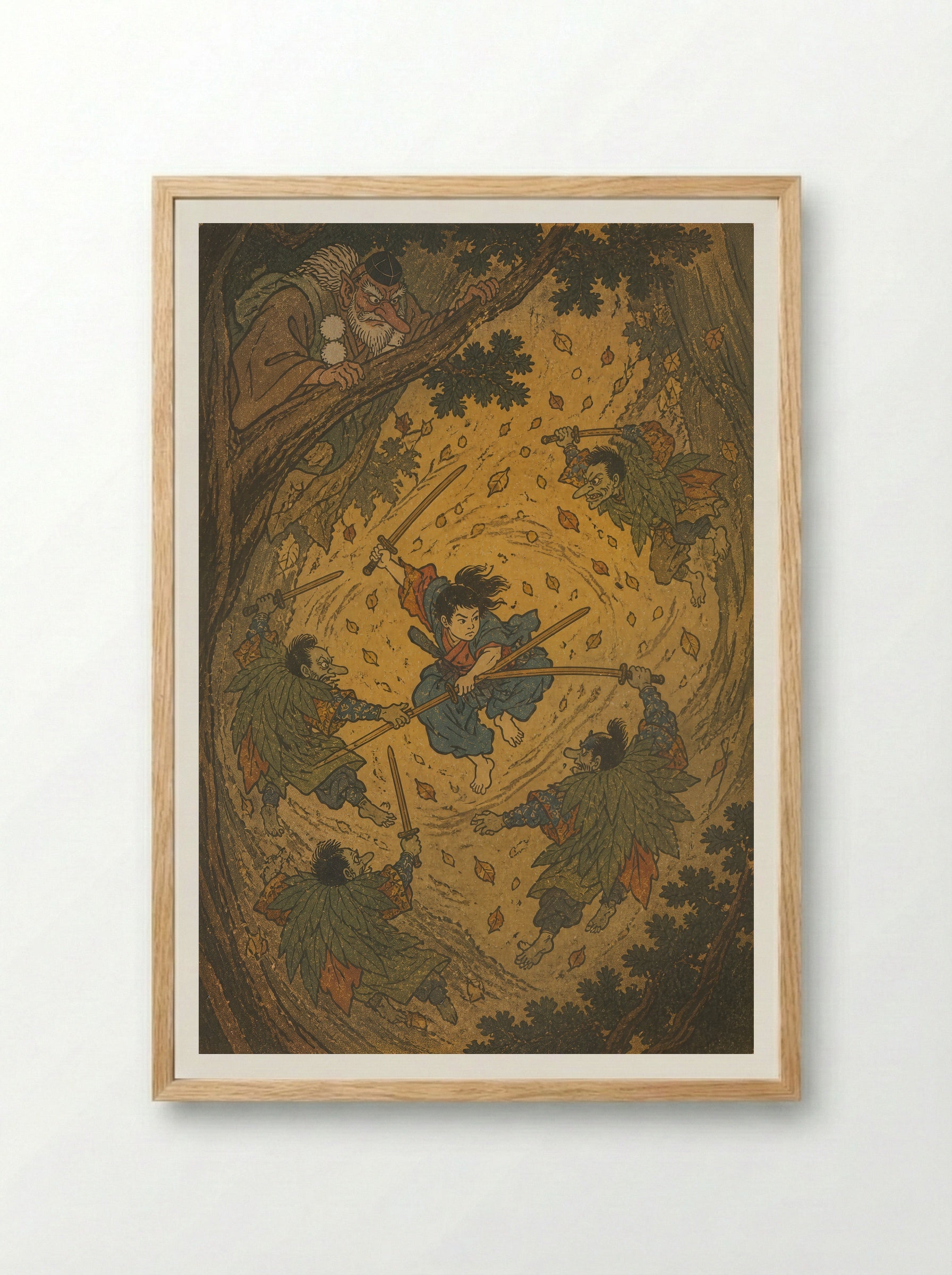 Yoshitsune and the Tengu of Kurama: The Teacher Takes the Air - Framed Print Wood