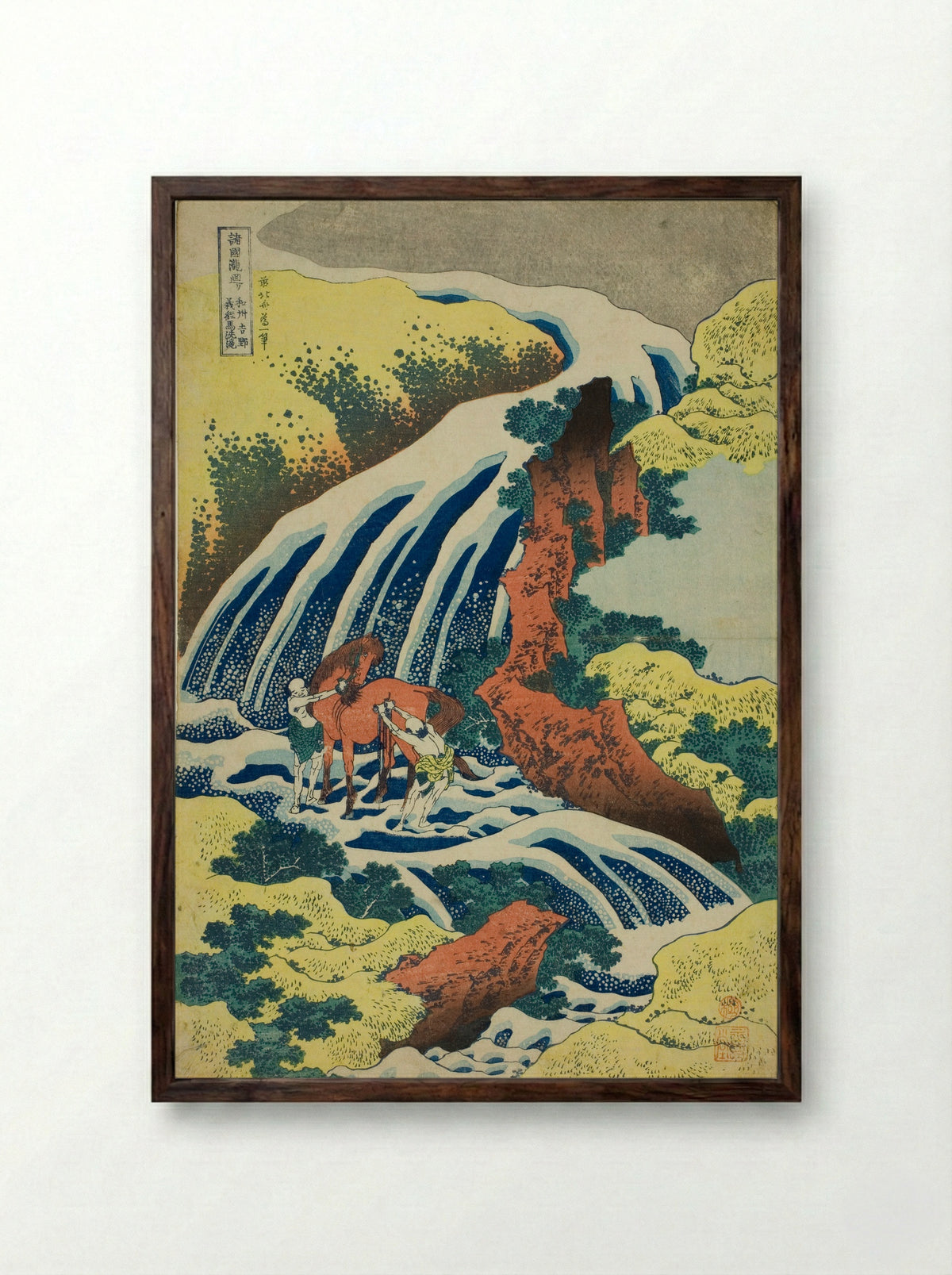Yoshitsune’s Horse-Washing Falls at Yoshino in Yamato Province - Katsushika Hokusai - Framed Print Dark Wood