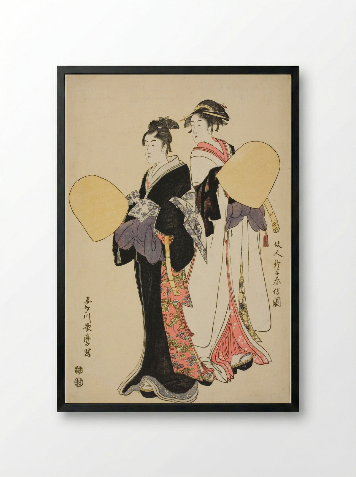 Young Couple Dressed as Mendicant Monks - Kitagawa Utamaro - Framed Print Black