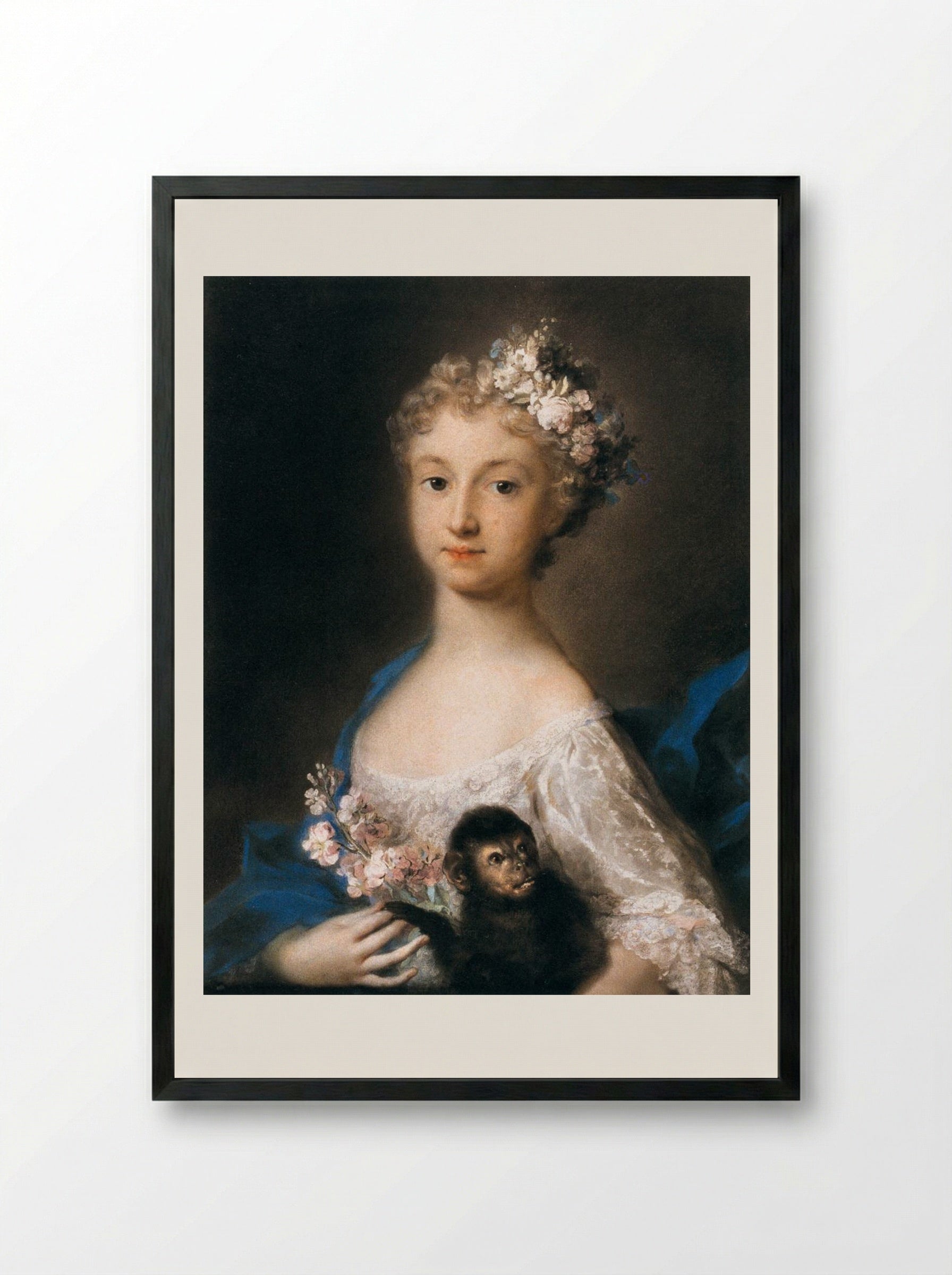 Young Girl Holding a Monkey - Rosalba Carriera - Framed Print Black