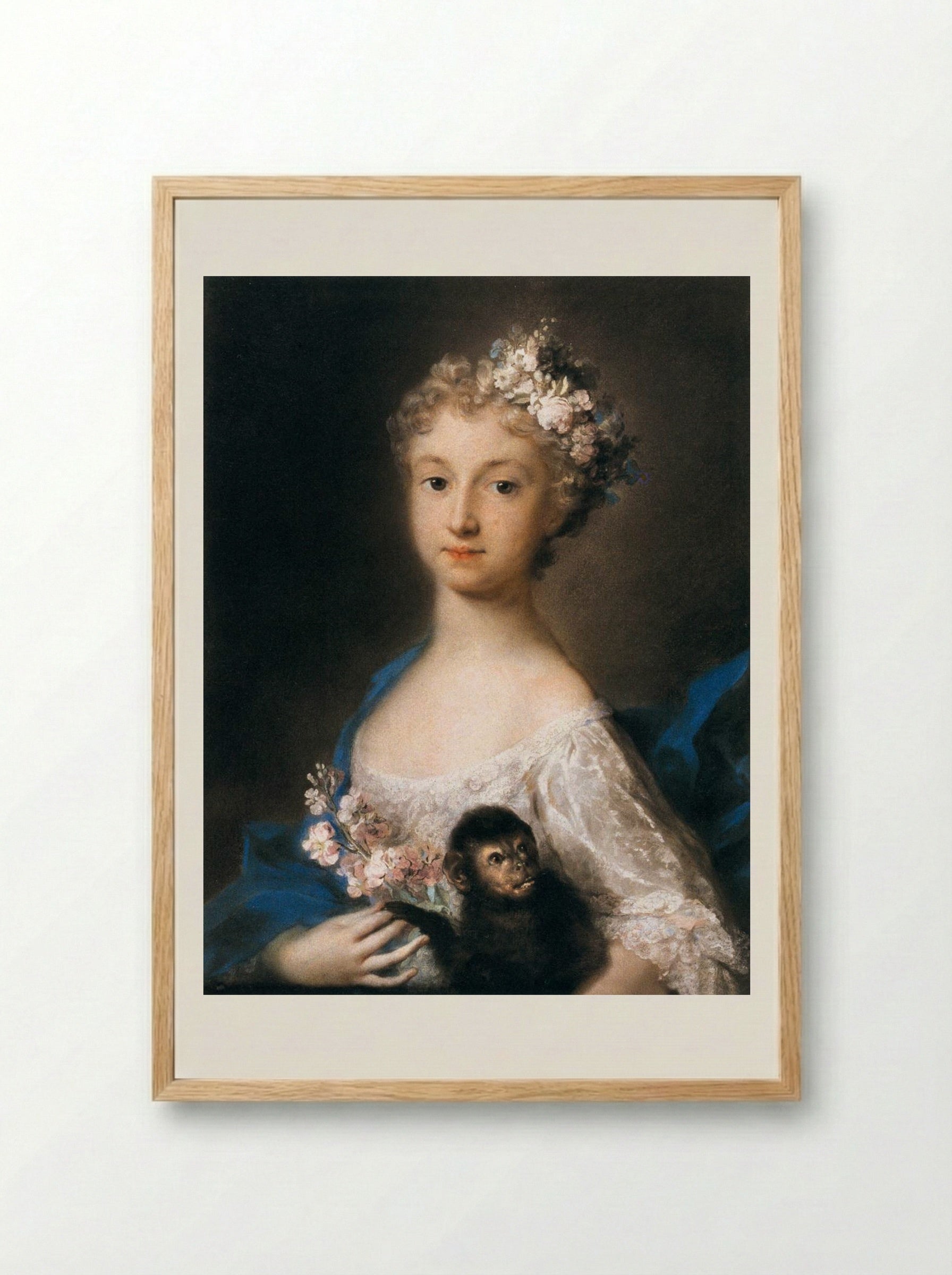 Young Girl Holding a Monkey - Rosalba Carriera - Framed Print Wood