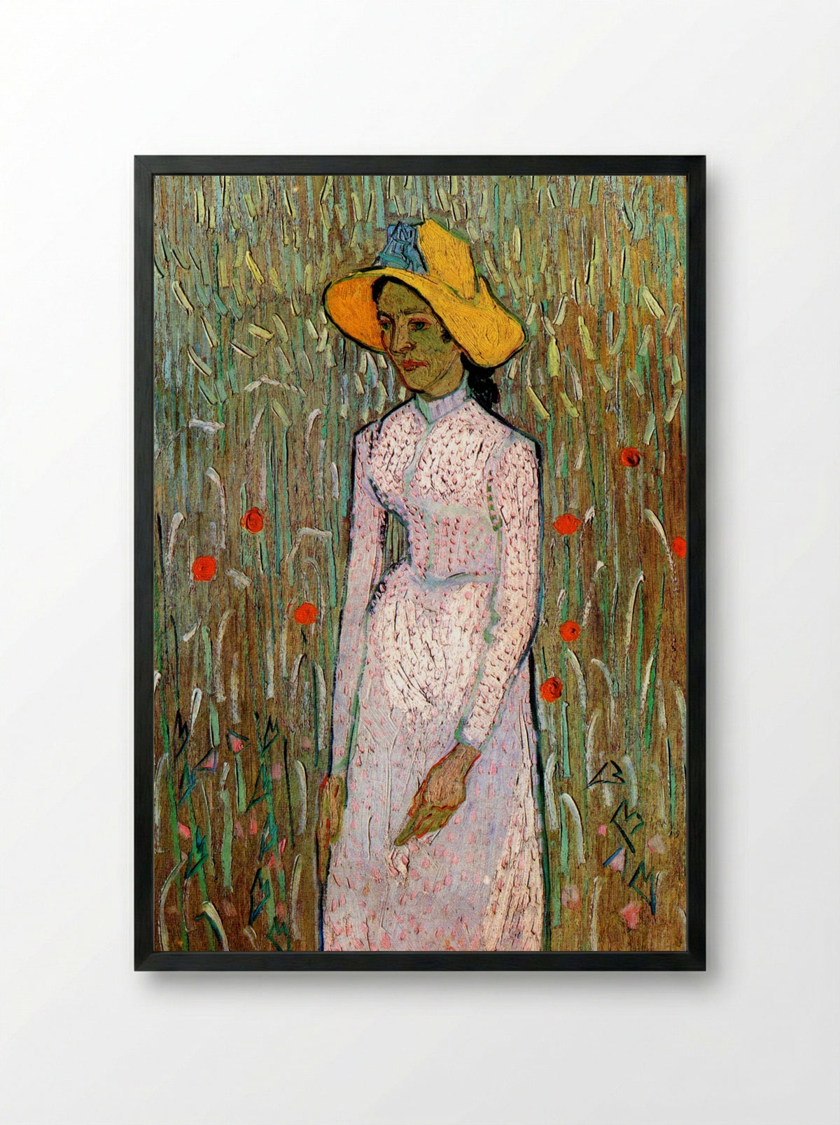 Young Girl Standing Against a Background of Wheat - Vincent van Gogh - Framed Print Black