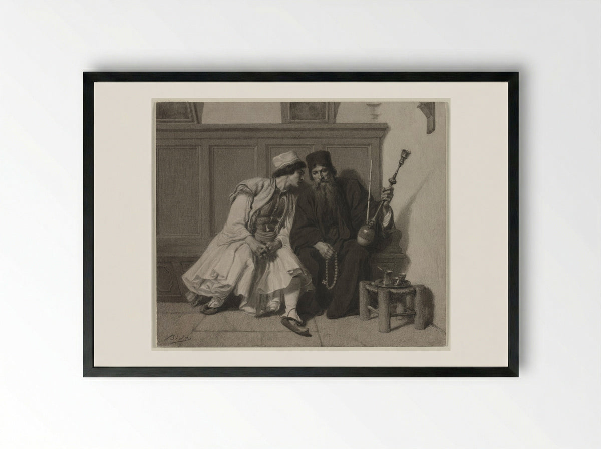 Young Greek Man in Conversation with a Priest - Alexandre Bida - Framed Print Black