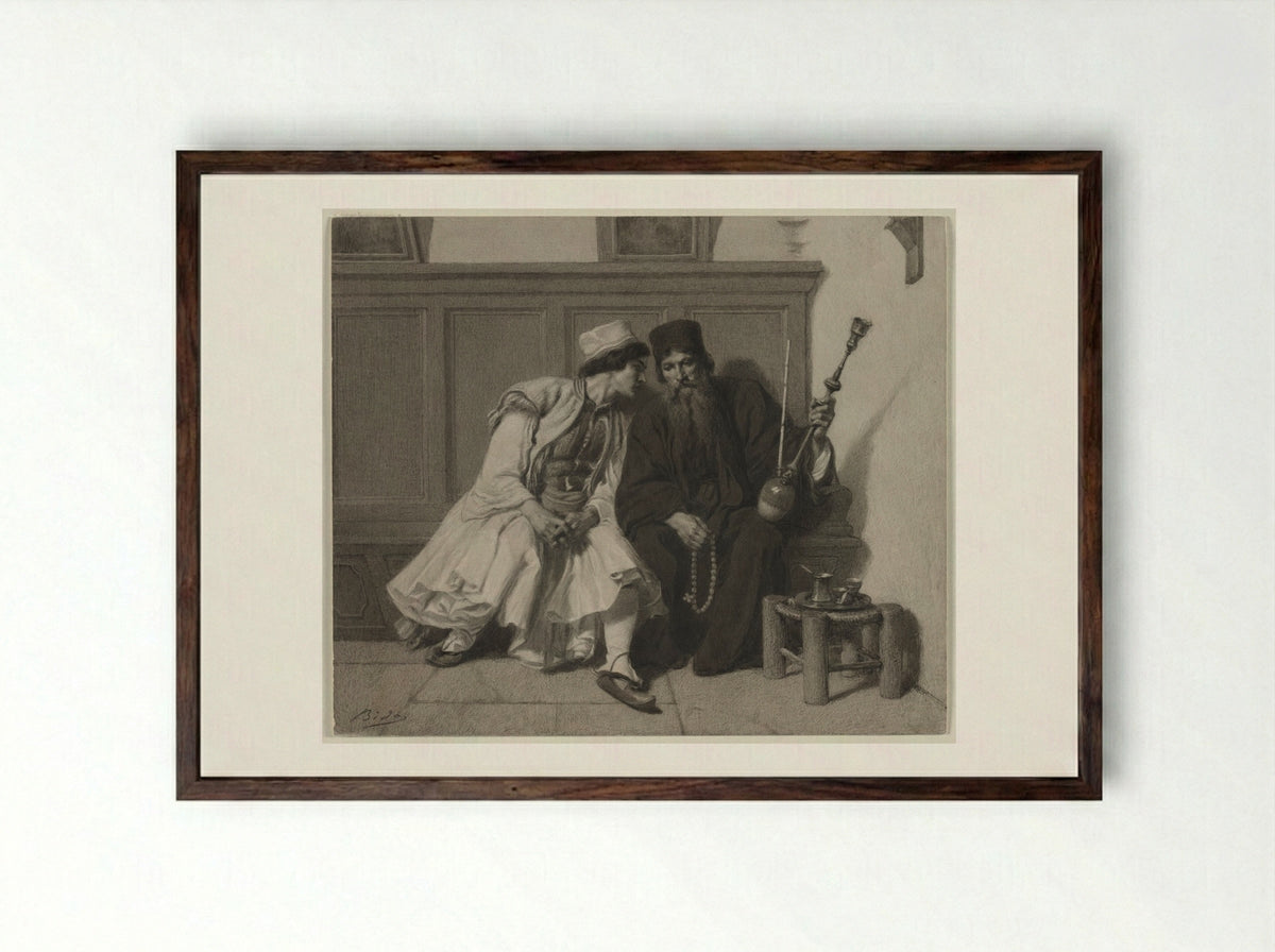 Young Greek Man in Conversation with a Priest - Alexandre Bida - Framed Print Dark Wood