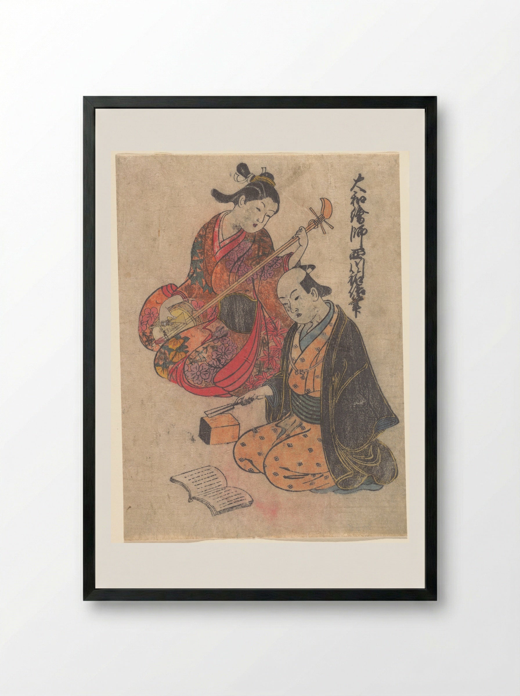 Young Lady Taking a Lesson on the Shamisen - Nishikawa Sukenobu - Framed Print Black