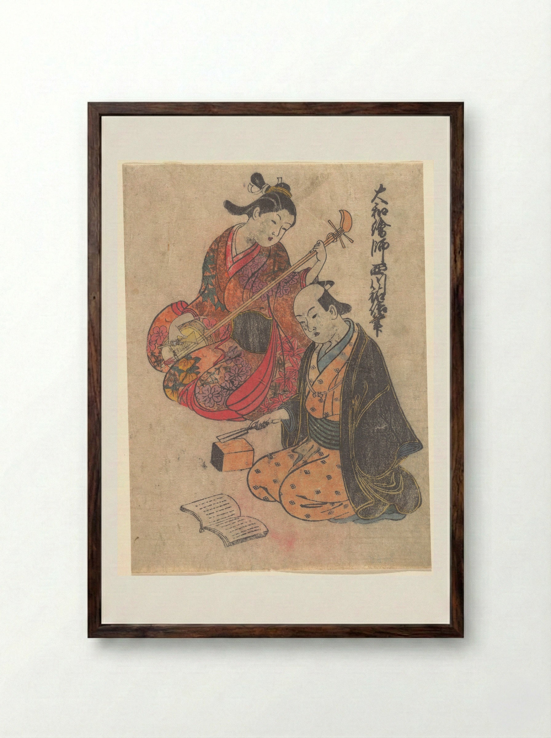 Young Lady Taking a Lesson on the Shamisen - Nishikawa Sukenobu - Framed Print Dark Wood