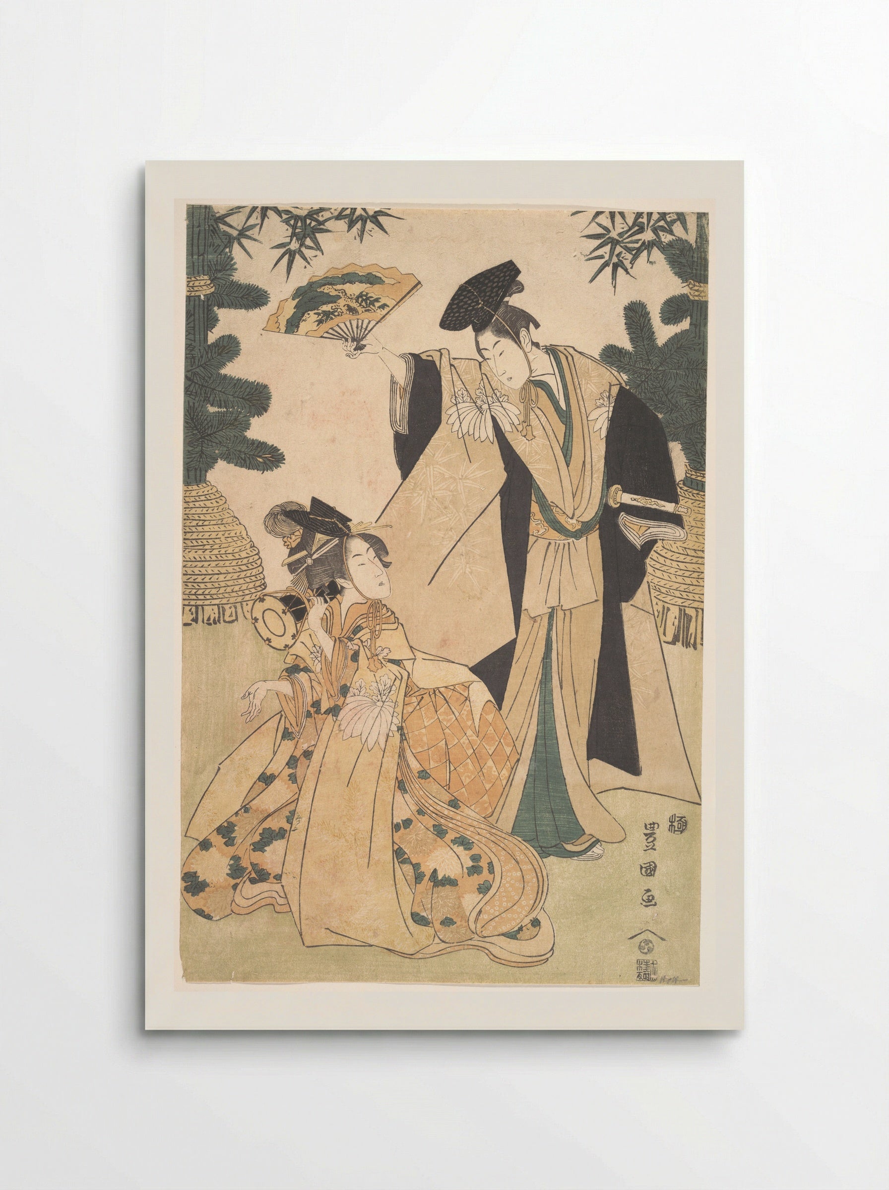 Young Lady with Drum and Man with Fan Saluting Her - Utagawa Toyokuni I - Poster