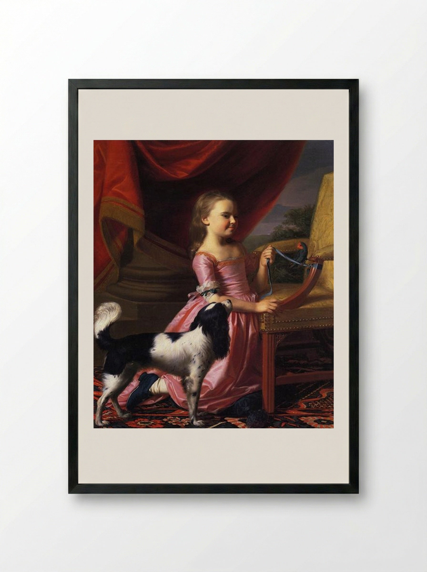Young Lady with a Bird and Dog - John Singleton Copley - Framed Print Black