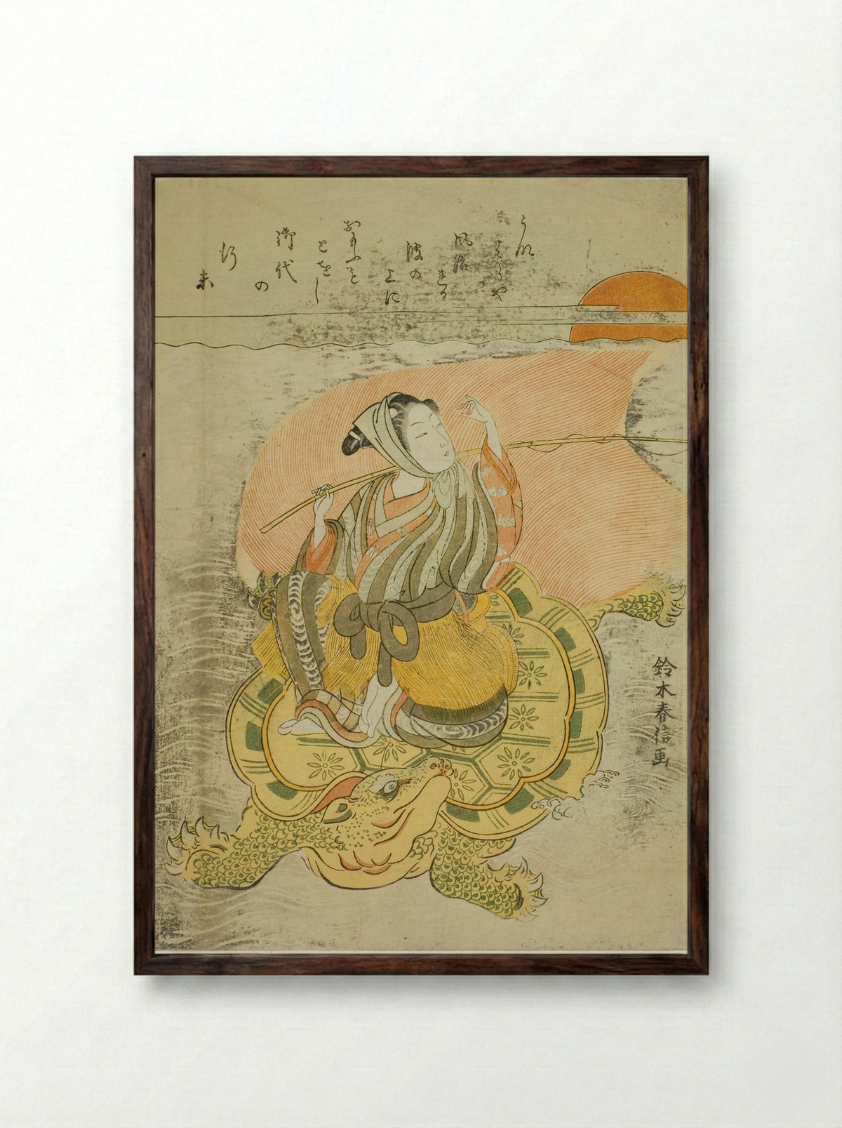 Young Man Riding a Giant Tortoise (Parody of Urashima Taro) - Suzuki Harunobu - Framed Print Dark Wood