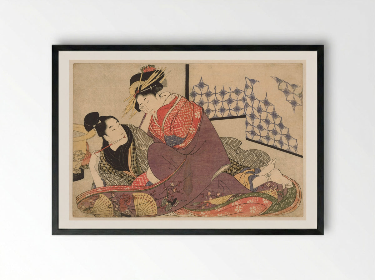 Young Man Smoking with a Courtesan - Kitagawa Utamaro - Framed Print Black