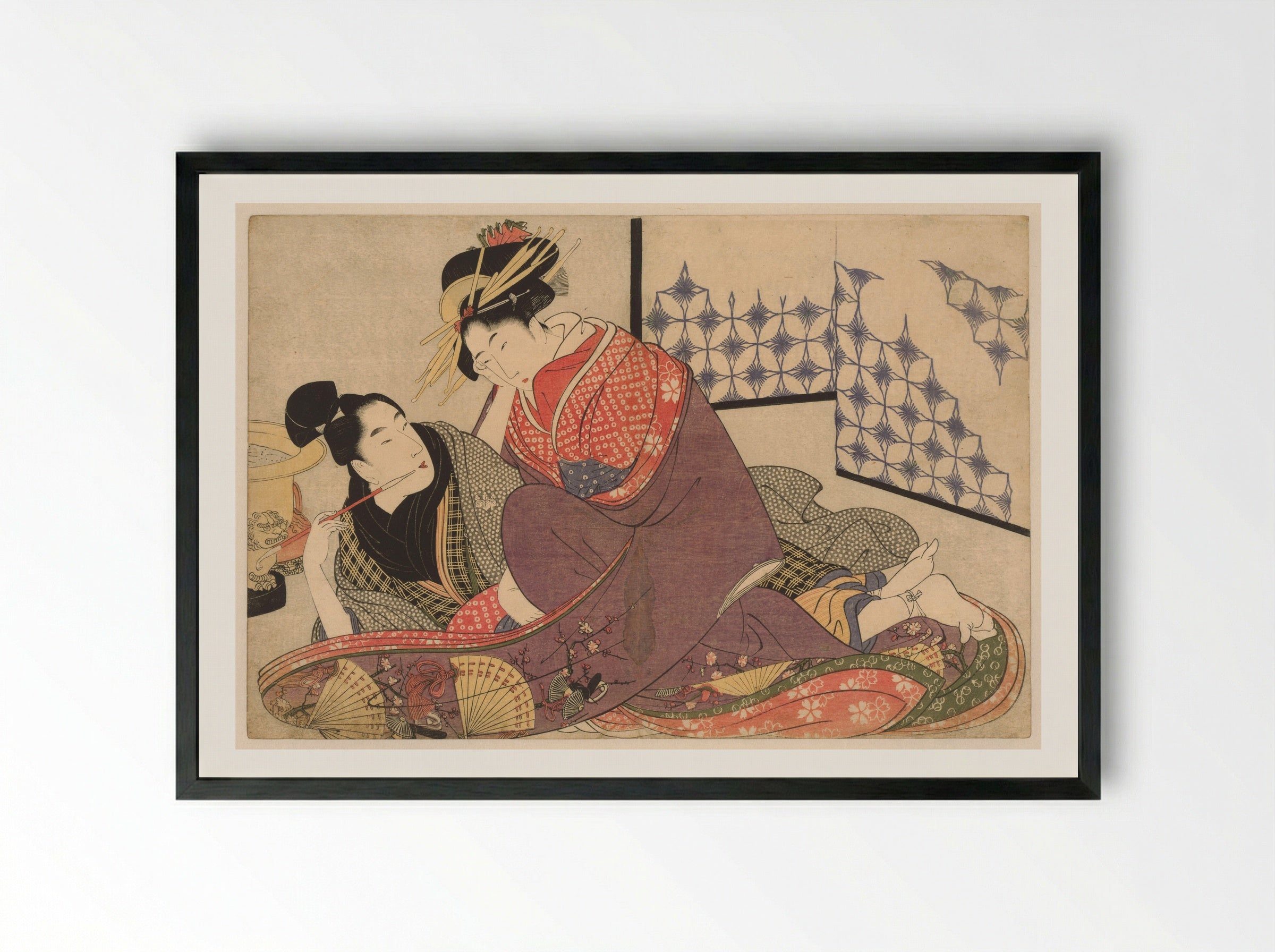 Young Man Smoking with a Courtesan - Kitagawa Utamaro - Framed Print Black