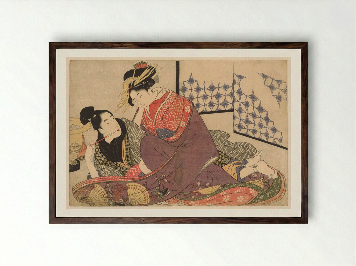 Young Man Smoking with a Courtesan - Kitagawa Utamaro - Framed Print Dark Wood