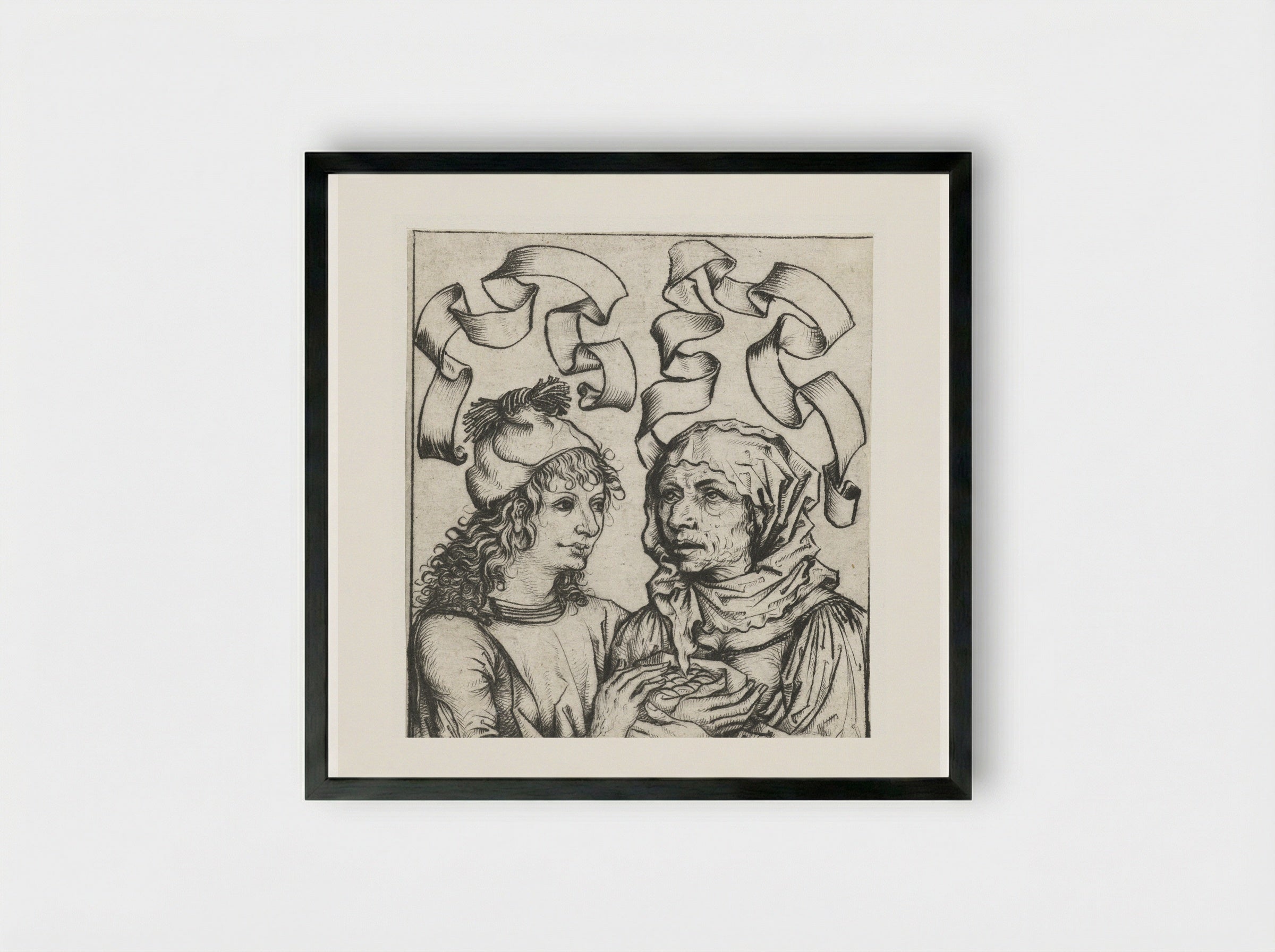 Young Man and Old Woman - Master of the Amsterdam Cabinet - Framed Print Black