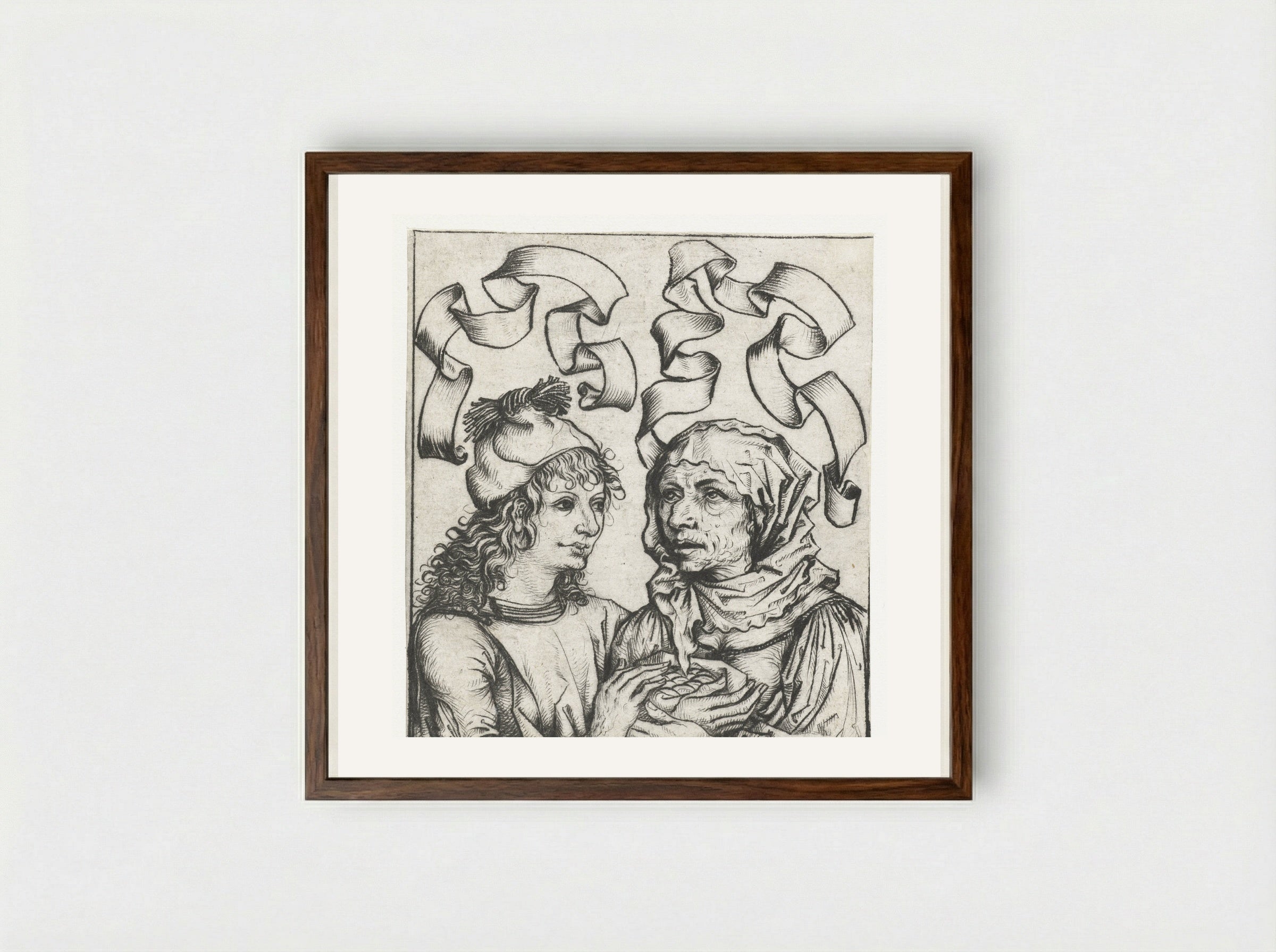 Young Man and Old Woman - Master of the Amsterdam Cabinet - Framed Print Dark Wood