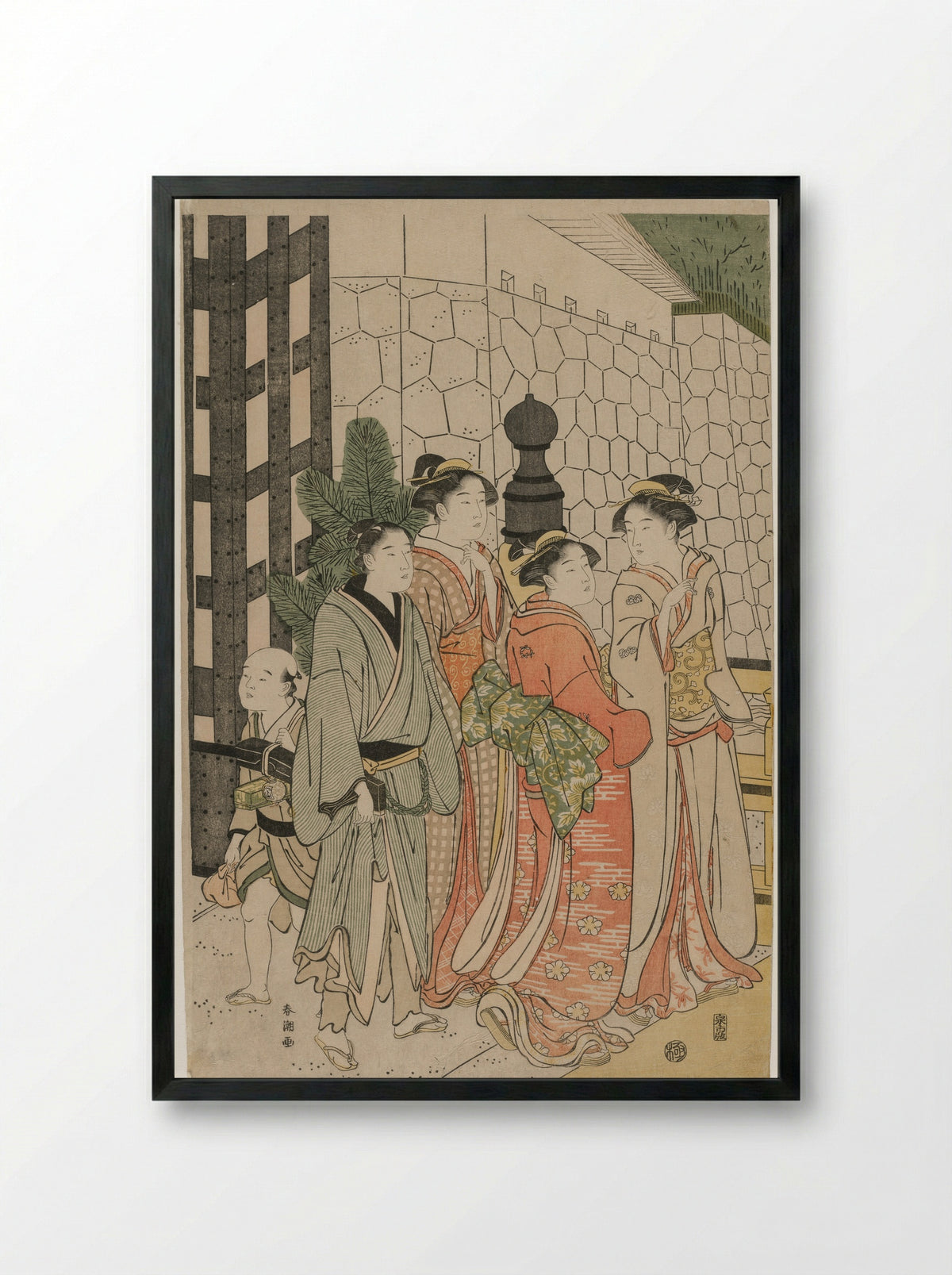 Young Man and Women on Tokiwa Bridge - Katsukawa Shunchō - Framed Print Black