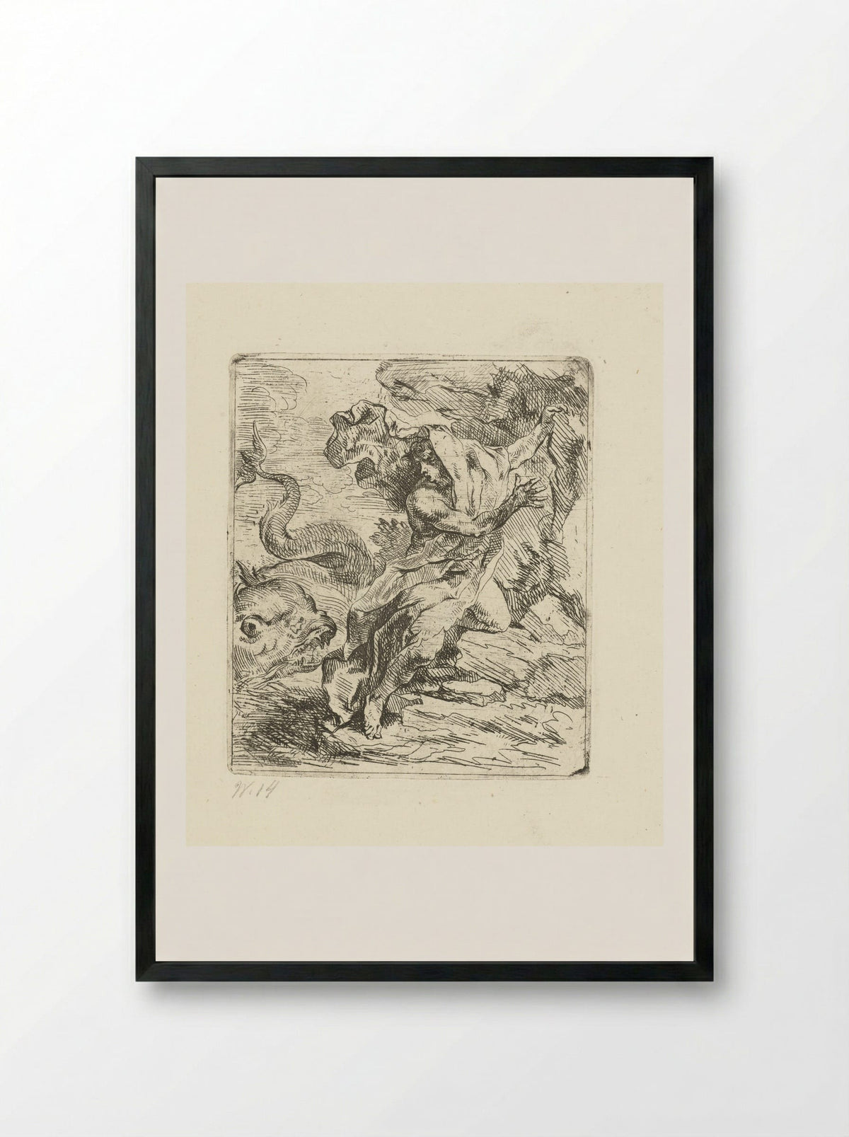 Young Man on the Coast Fleeing a Sea Monster - Louis de Deyster - Framed Print Black